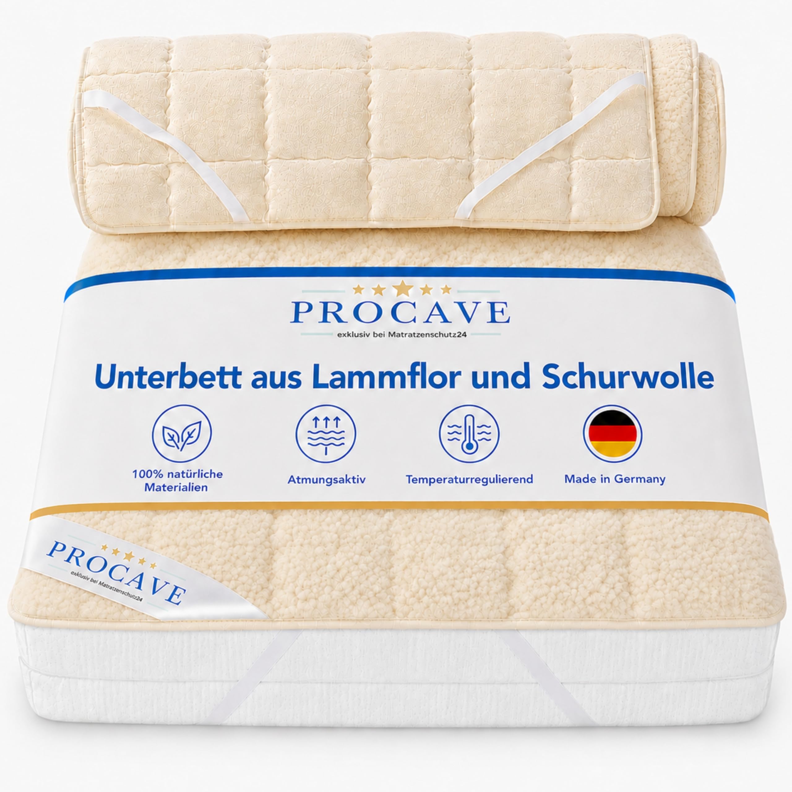 PROCAVE weiches Unterbett mit Lammflor und Schurwolle. hochwertige Matratzen-Topper. Matratzen-Schoner mit 4 Eckgummis. Matratzen-Auflage 90x200 cm