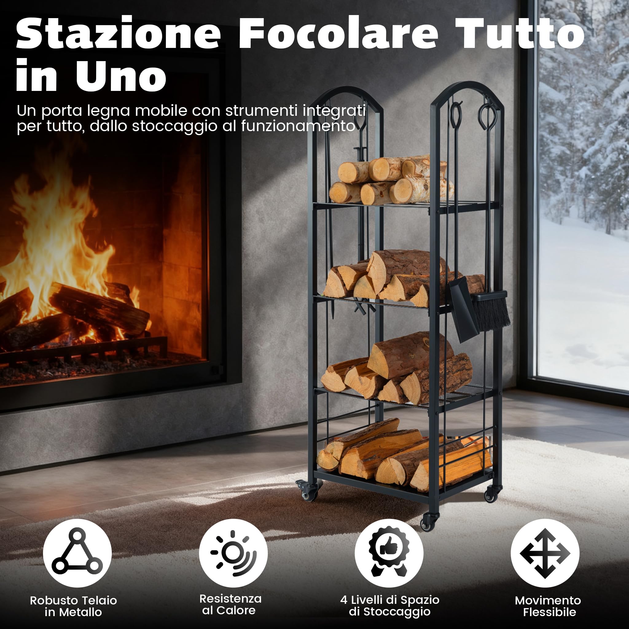 COSTWAY Porta Legna da Ardere a 3/4 Ripiani con Ruote, Portalegna da Interno ed Esterno con Attizzatoio, Paletta, Scopa e Pinza, Legnaia Resistente alla Corrosione e alle Intemperie (47 x 33 x 122 cm)