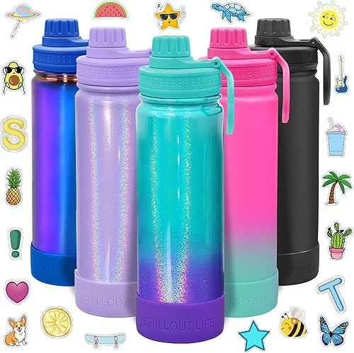 Miniatura 1 de CHILLOUT LIFE Botella de agua aislada para niños de 22 onzas con tapa de boquilla a prueba de fugas y bonitas calcomanías impermeables, termo de