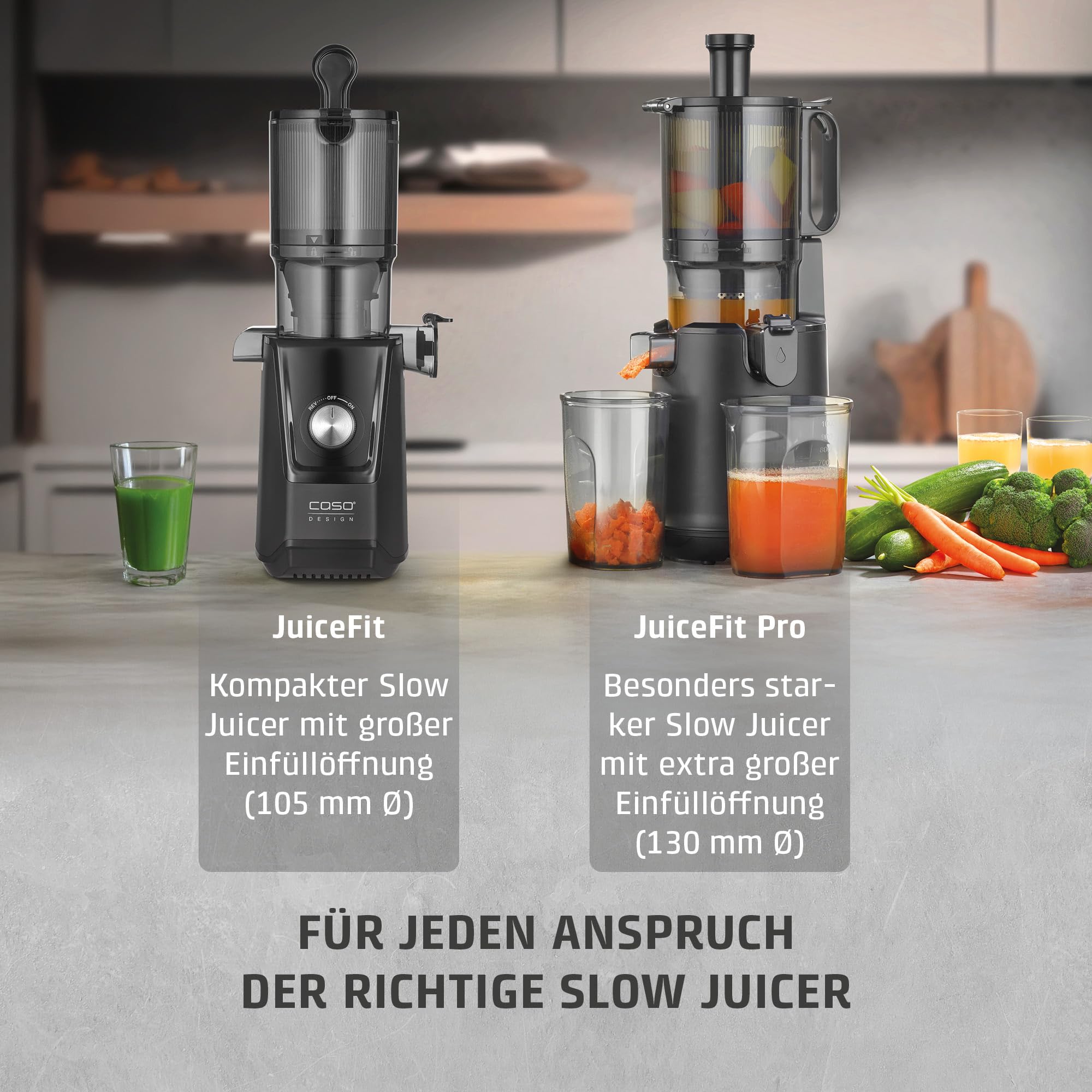 CASO Juice Fit - Slow Juicer, Sanftes und schonendes Entsaften dank niedriger Umdrehungszahl (40 U/min), Fill´n Juice, große Einfüllöffnung von 105mm Ø, Nährstoffe und Vitamine bleiben erhalten
