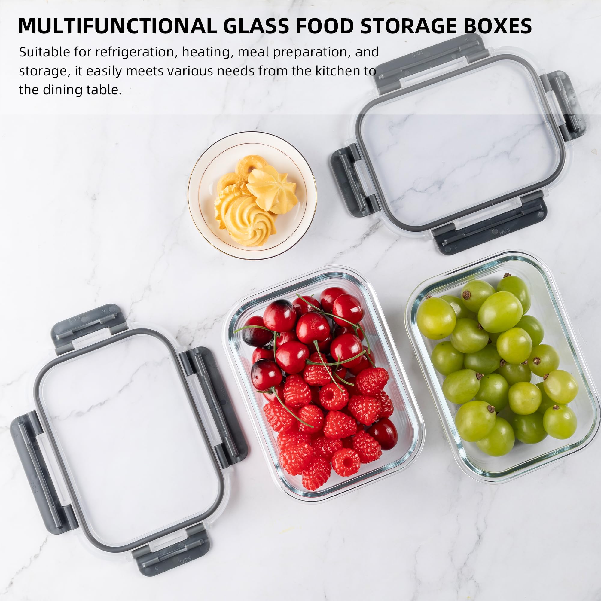 10 Stück 625 ml Glasbehälter für Mahlzeiten, Frischhaltedosen mit Deckel | Luftdichte, auslaufsichere Lunchbehälter für Küche, Gefrierschrank, Mikrowelle, spülmaschinenfest (Grau)