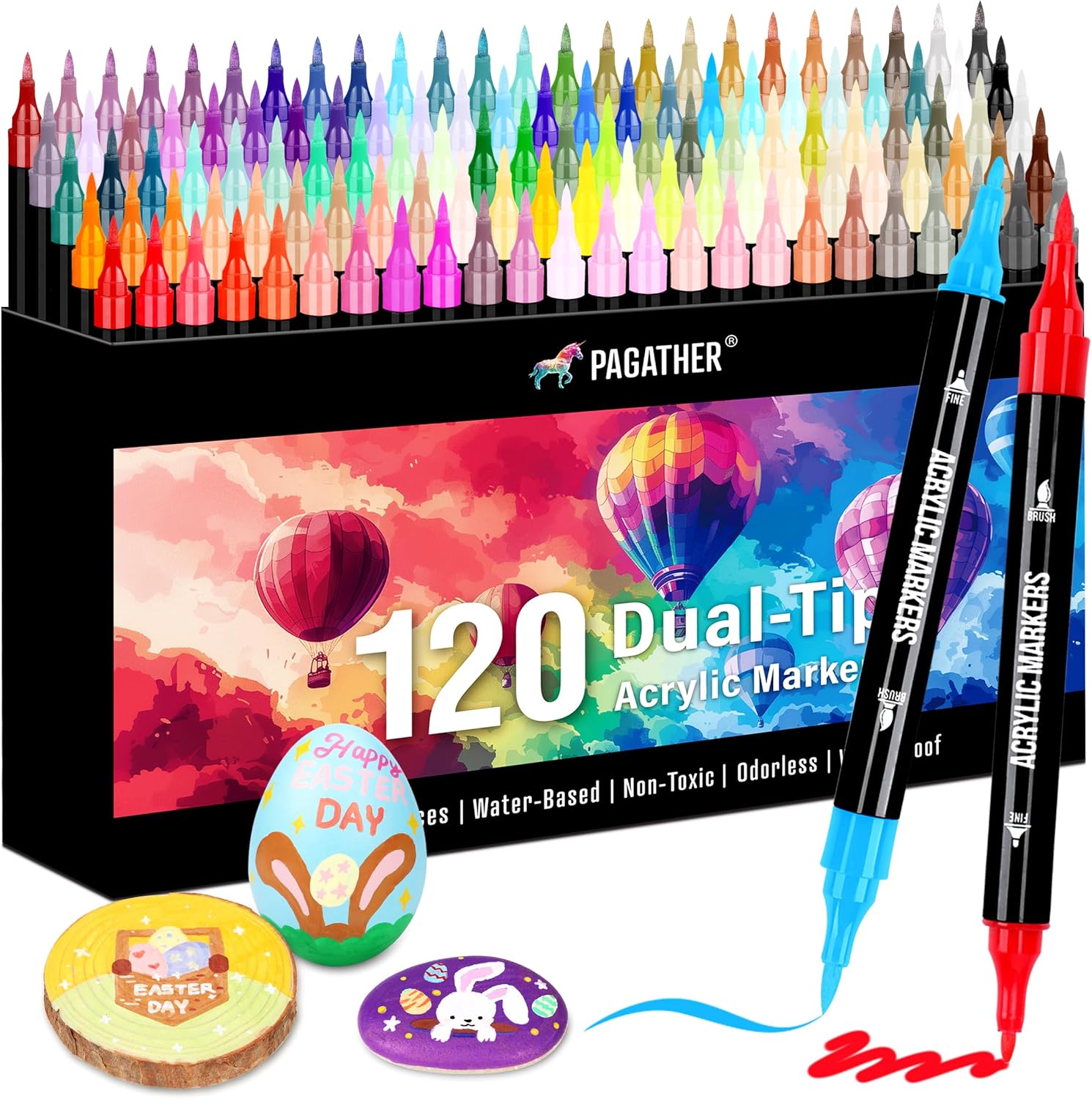 120 Colors Acrylic Paint Markers, Dual Tip Fine Tip and Brush Tip Pens Contain 24 Metallic Color for Stone, Wood, Calligraphy, Canvas, Ceramic, Metal, Glass, Rock Painting, DIY Crafts (120 Colors) Thumbnail