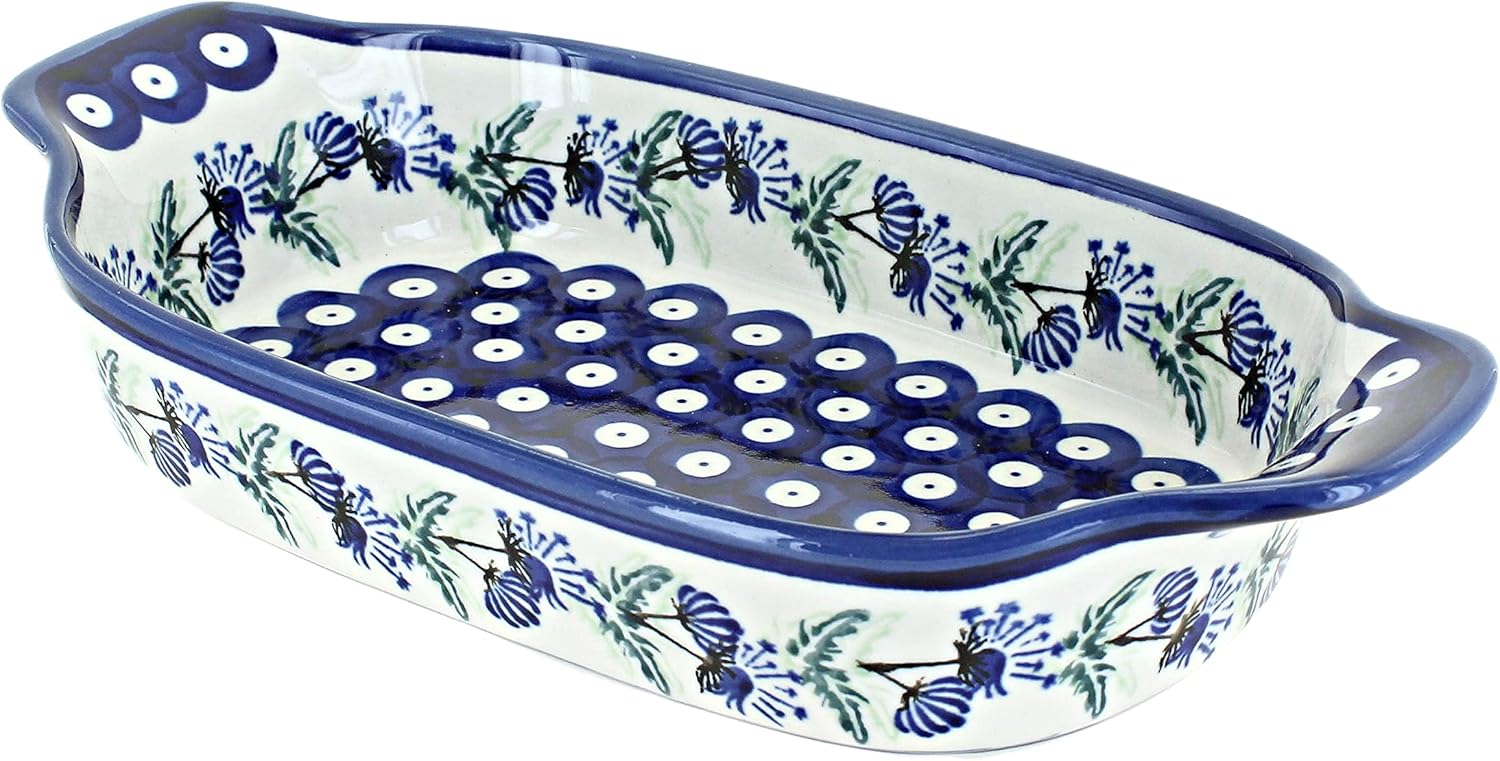 Blue Rose Polish Pottery - Blue Peacock Rectangular Serving Dish - 10" x 5.25" - Beautiful Dish for Bread, Salad, or Pasta