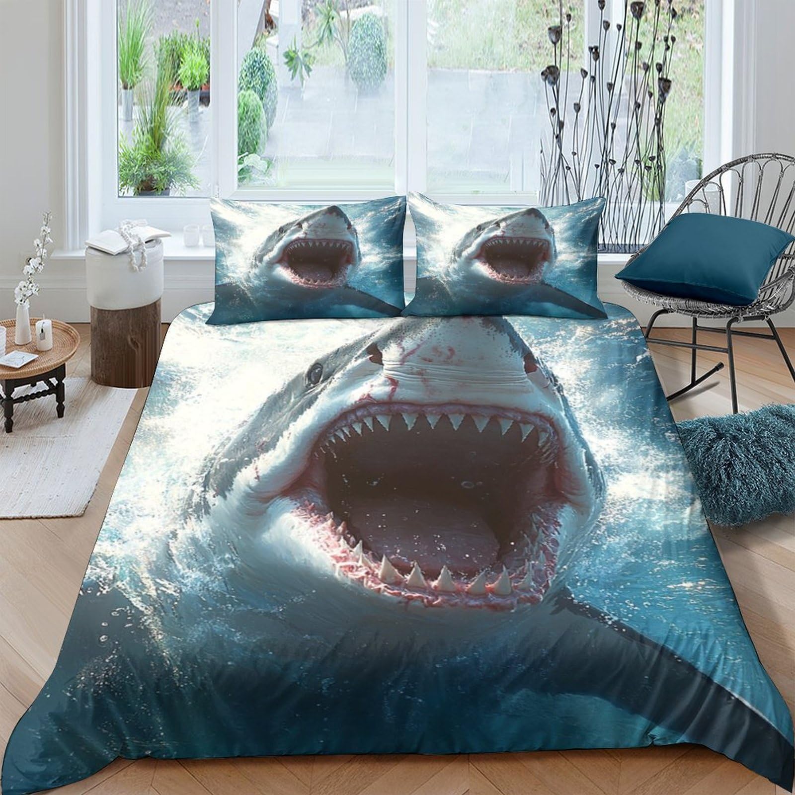 TUFRTGYHN 3D Printed Shark Ocean Duvet Cover Microfiber Breathable Blue Sea Life Bedding Set with 2 Pillowcases for Bedroom Décor, Single（135x200cm）