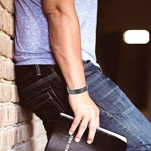 Miniatura 4 de Flongo Pulsera vintage de acero inoxidable para hombre, con cruz negra, con texto en inglés