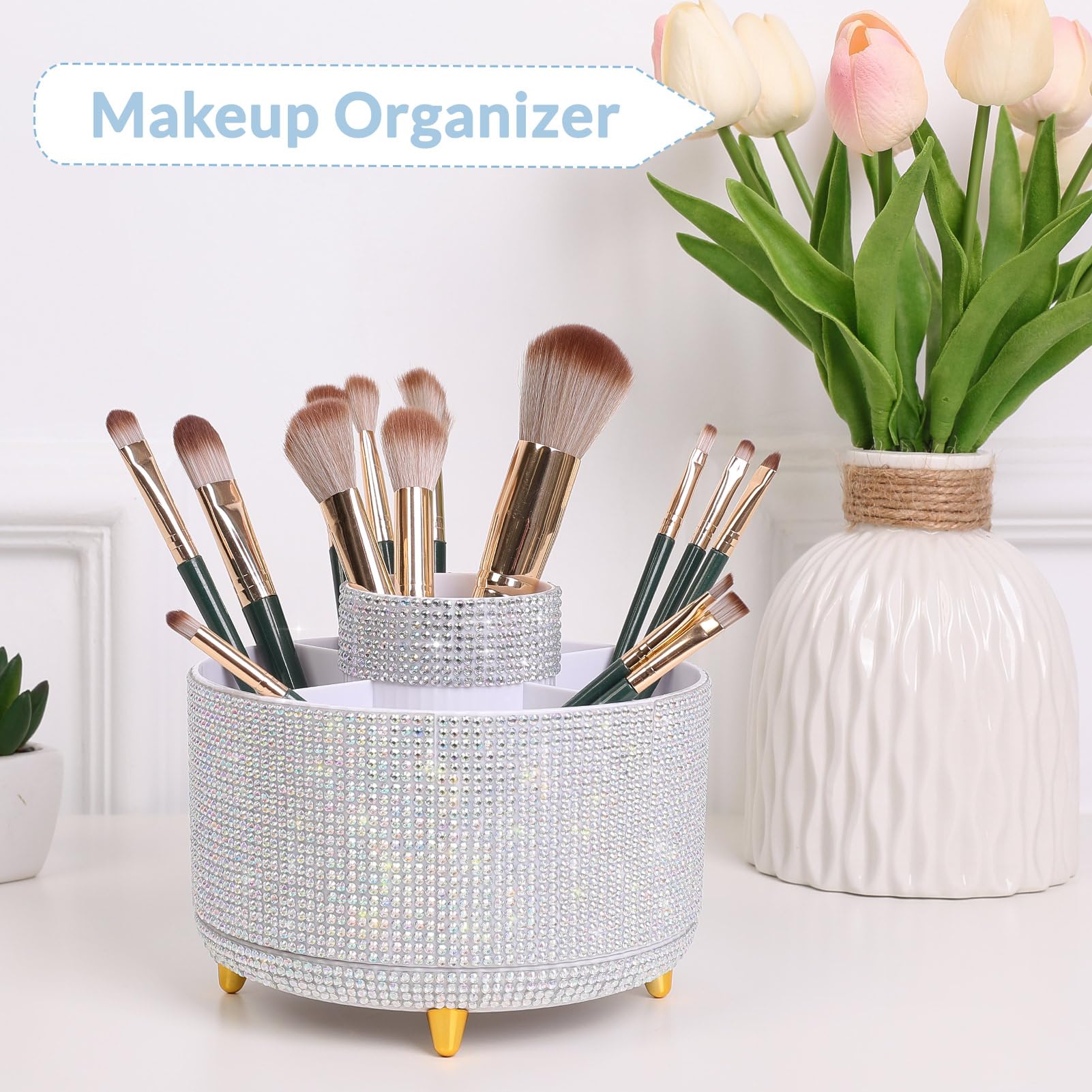 SKYDUE Organizer da scrivania girevole a 360 gradi, portapenne brillante a doppio scopo con strass, organizer da scrivania rotante con 5 scomparti, portapenne con strass, per ufficio, scuola, casa