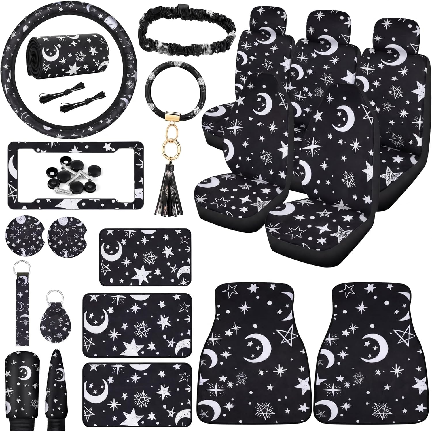 Tallew 26 Pieces Skeleton Cat Moon and Stars Car Seat Cover Full Set for Women Men Rubber Steering Wheel Cover License Plate Frame Mirror Covers Moon and Stars Car Accessories for SUV Truck(Moon)