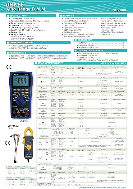 Taiwan Quality DER EE DE-208A High Accuracy DMM Digital Multimeter DCV ACV DCA ACA Resistance Diode Buzzer Capacitance Frequency Multi tester volt meters and RMS multimeters