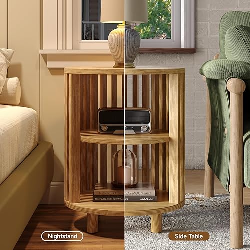 Miniatura 5 de Mesa auxiliar redonda, mesas auxiliares de roble, mesita de noche moderna de mediados de siglo con almacenamiento de 2 niveles, mesita de noche