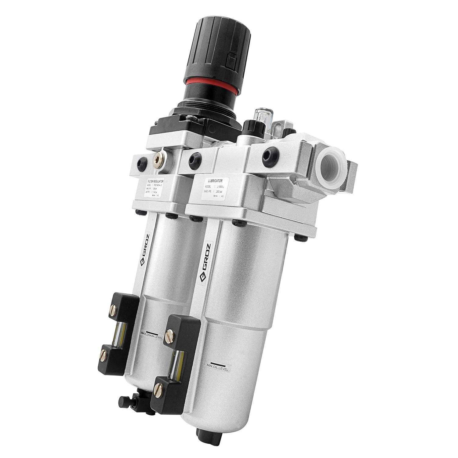 Groz 60482 Air Filter - Regulator Combination and Lubricator - Modular 2 Piece, Metal Bowl, Standard-1/2” NPT, 99 CFM