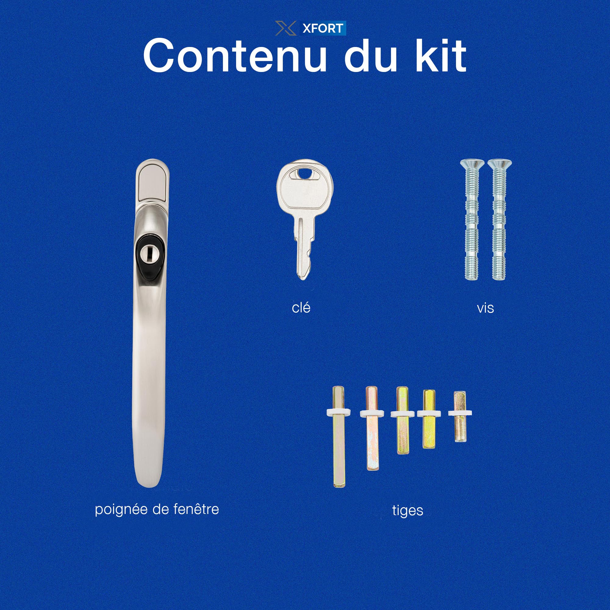 XFORT Kit D'Installation Poignée De Fenêtre Droite À Clé Chrome Satiné Poignée De Rechange Pour Fenêtre PVC-U Verrouillable Universelle