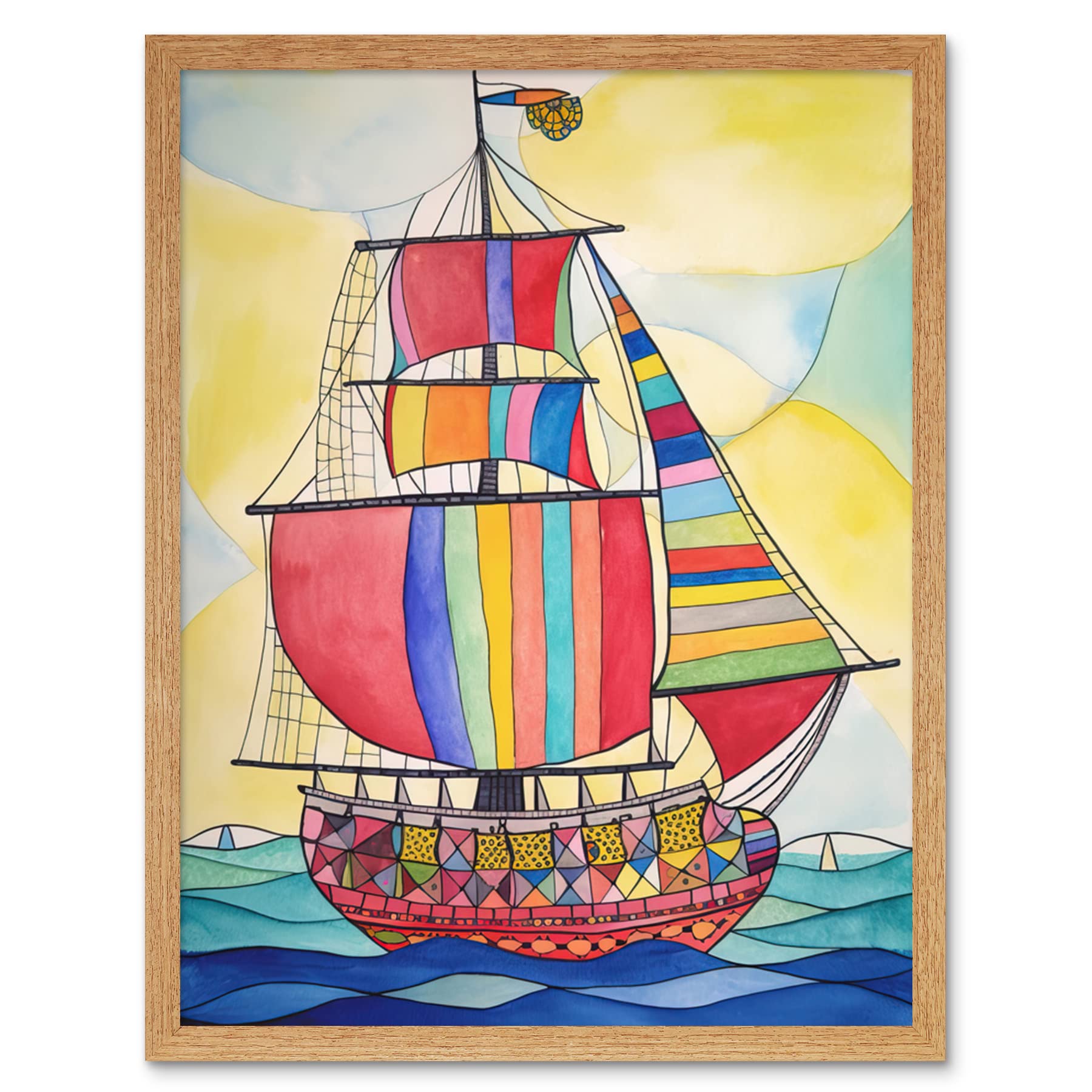 Artery8 Rainbow Colour Sailing Ship Folk Art Artwork Framed Wall Art Print 9X7 Inch