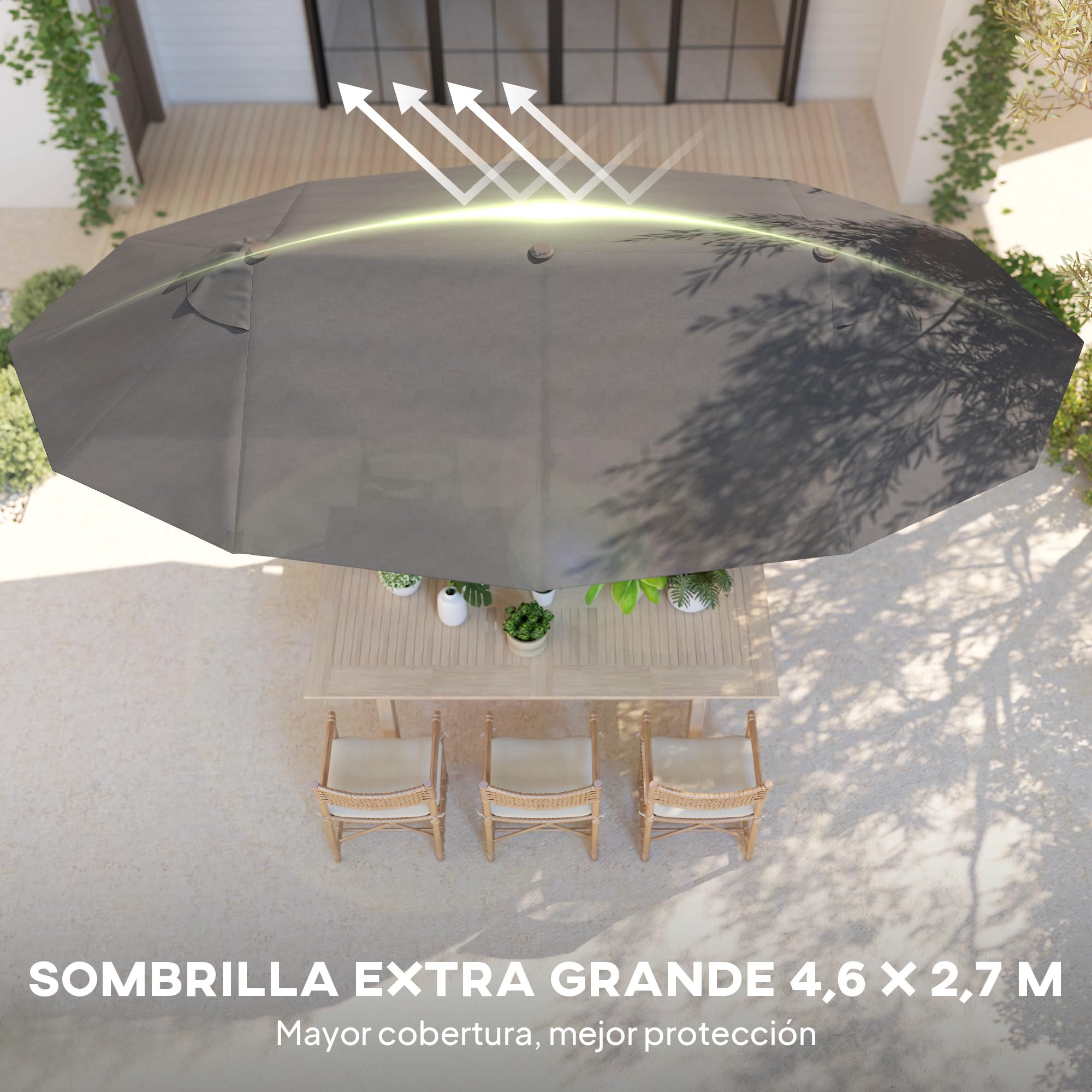 Outsunny Sombrilla Doble con Manivela Manual 4,6x2,7 m Gris | Sombrilla Terraza Exterior, Resistente al Agua, Protección Solar, Gigante para Jardín, Playa Piscina