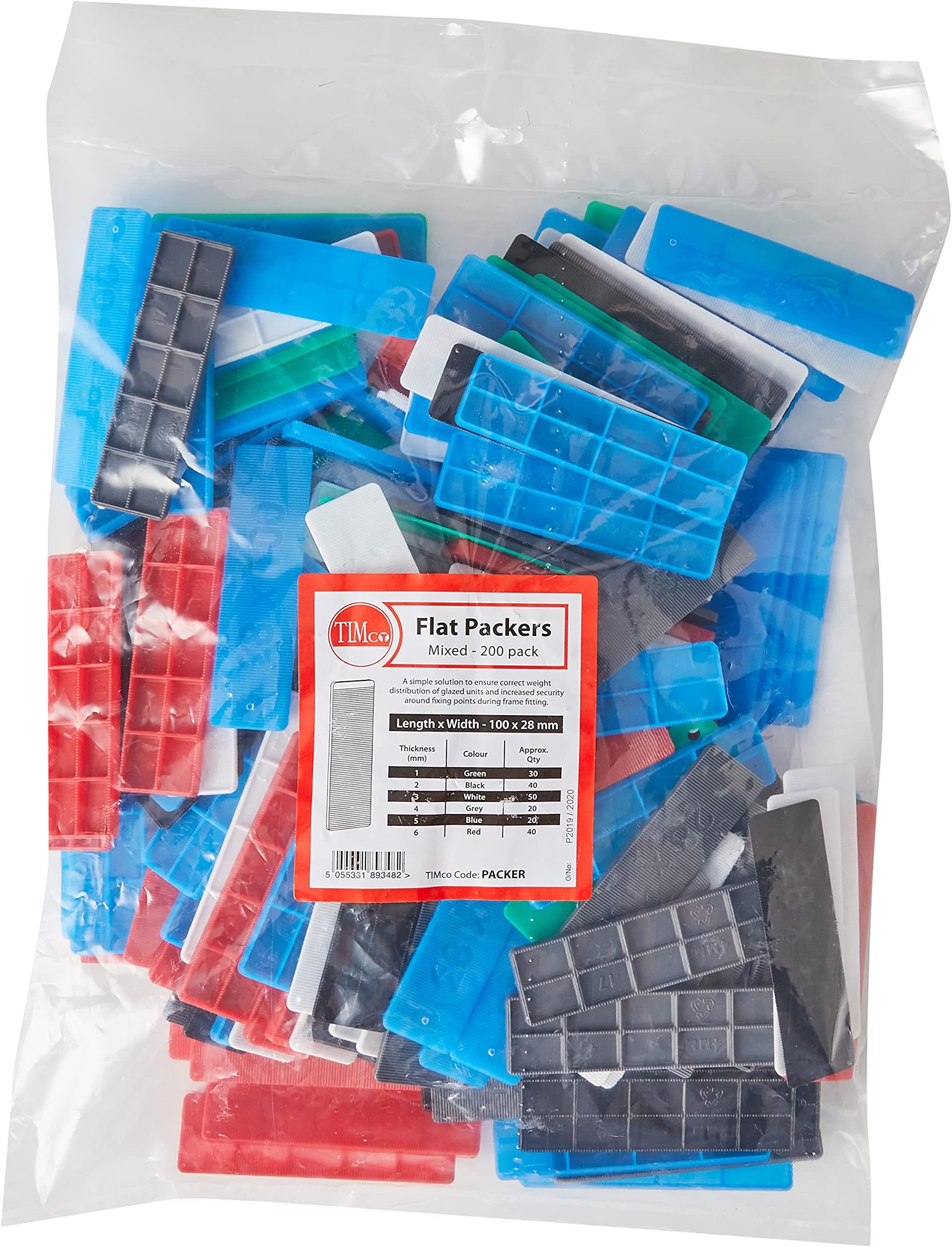 TIMCO Assorted Packers - Assorted colours - Colourful spacers, shims, plastic packers - 28mm 100 x 28 - Bag of 200