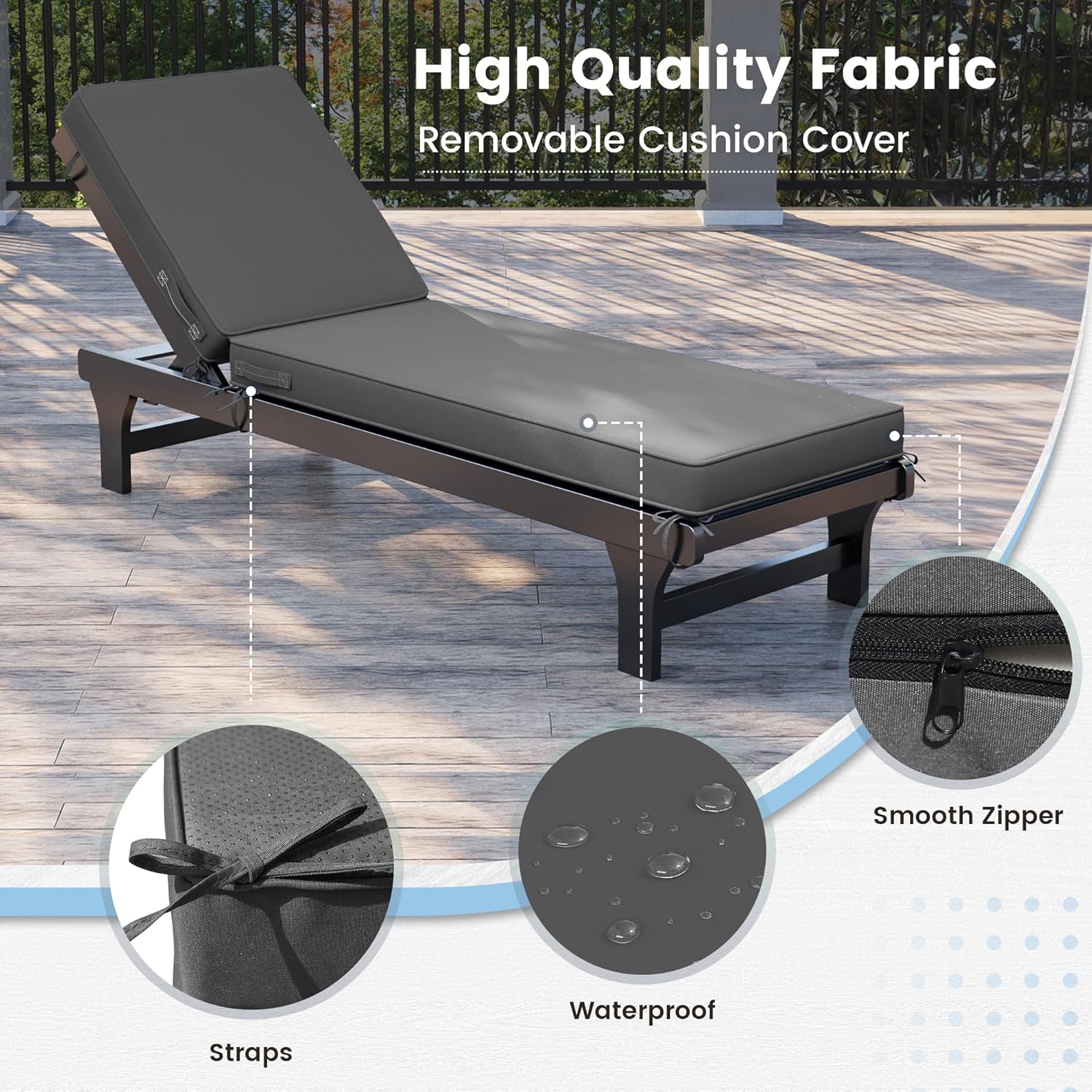 UDPATIO Chaise Lounge Chair Cushions, Oversized Thick 4-Inch Foam Pad, Fade-Proof Chairs Cover for Patio, Poolside, Lawn, Deck & Outdoor Furniture - Removable Accessories