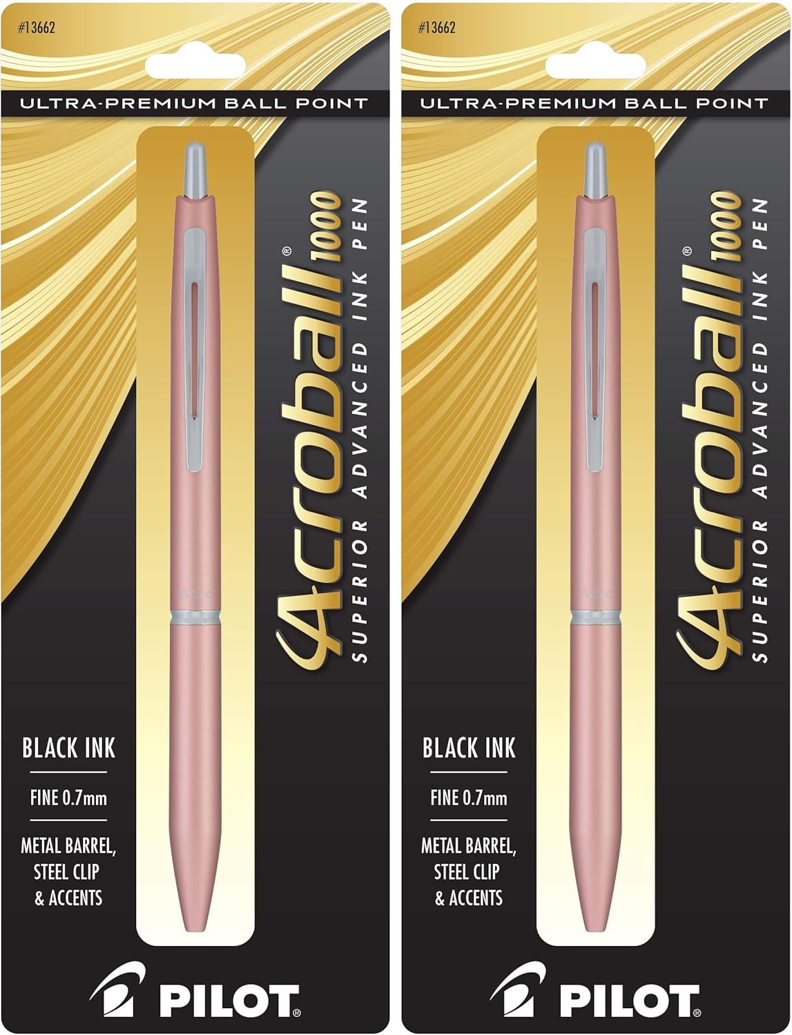 PILOT Acroball 1000 Ultra-Premium Refillable & Retractable Ball Point Pen, Gold Barrel, Fine Point, Black Ink, Single Pen (13662) (Pack of 2)