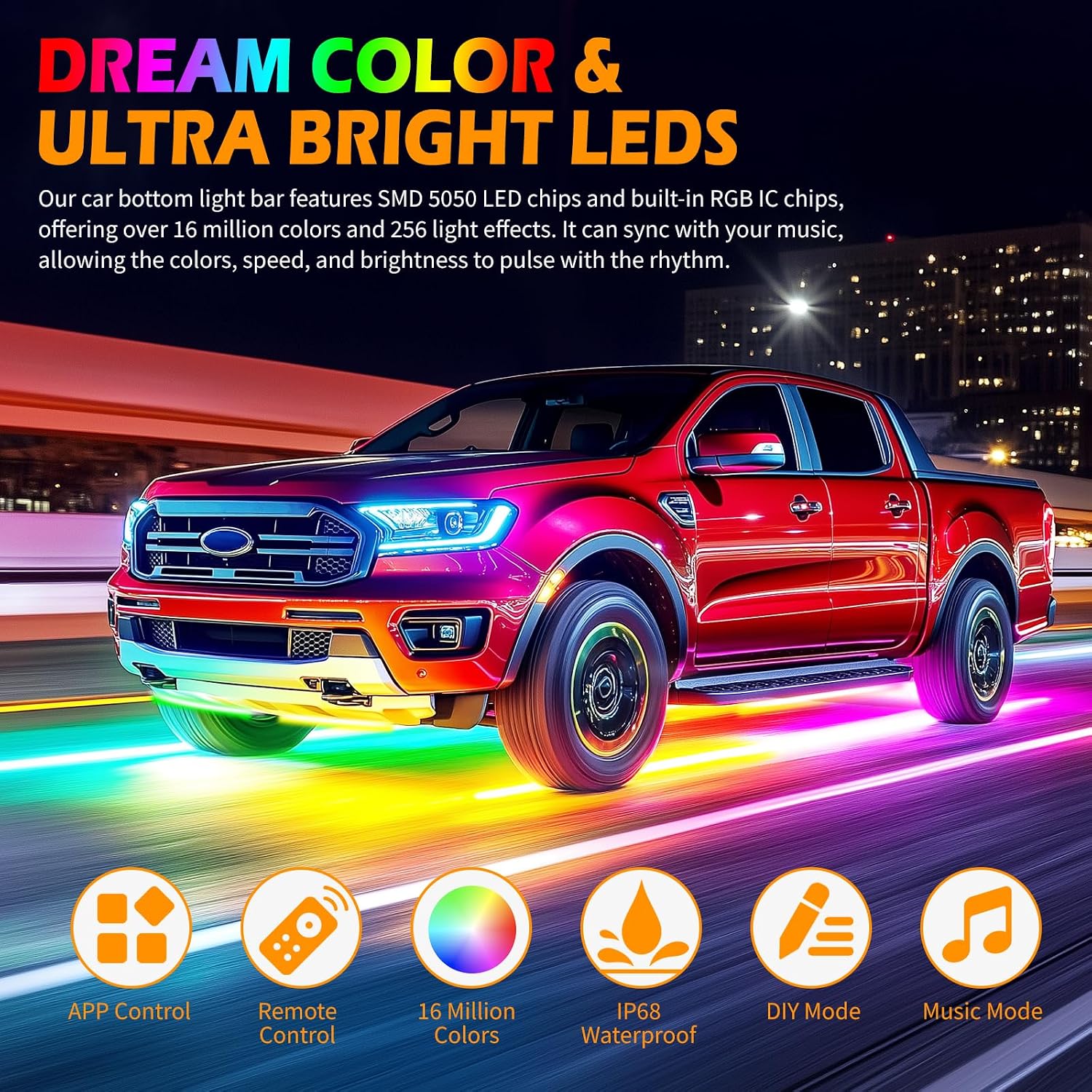 JMTBNO Underglow Kit for Car, 6pcs Double Row Led Under Glow Lights with App and Remote Control Car Led Exterior Lights Compatible with Chevy Silverado 1500 Ford F-150 F-250 F-350 (RGB)