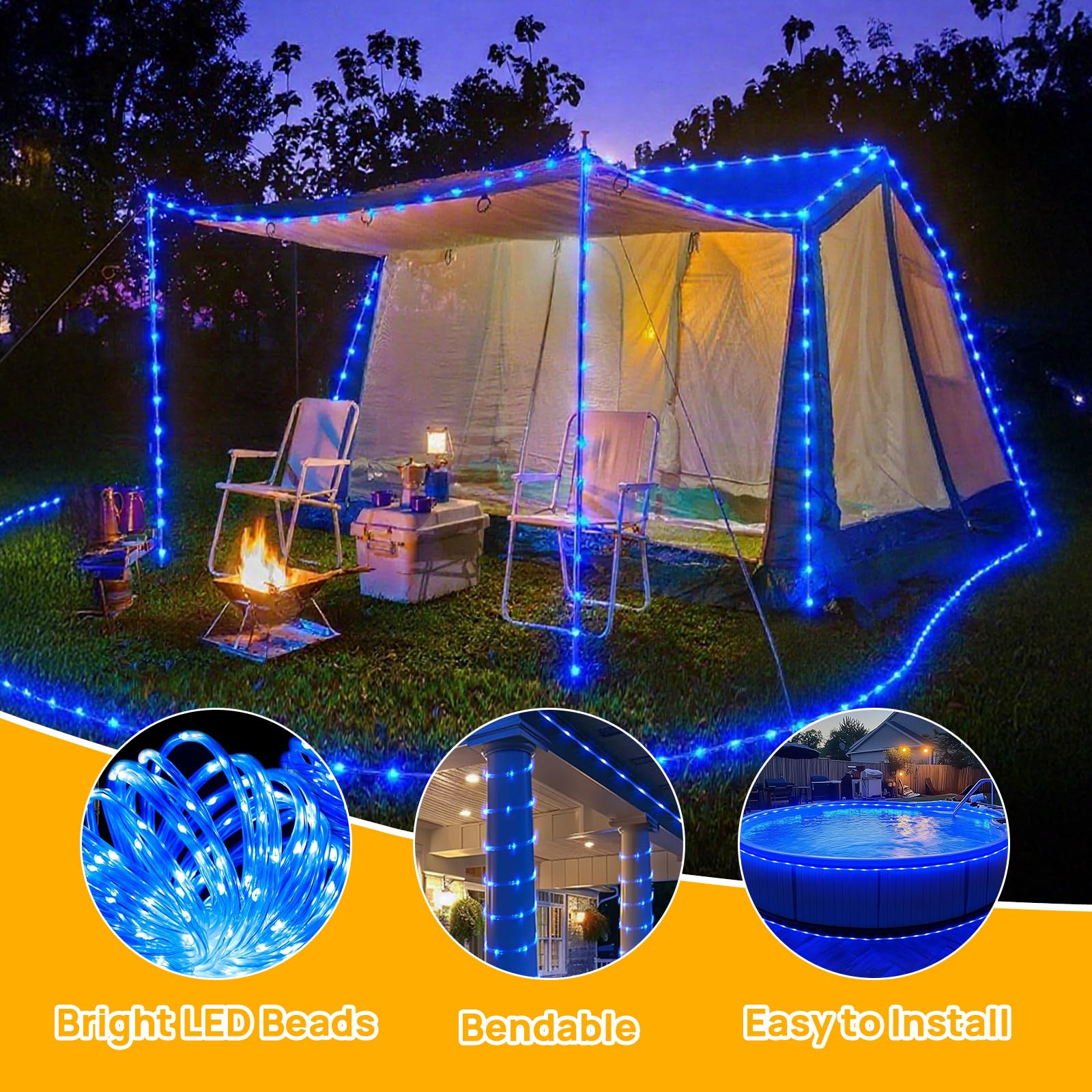 Aofonchy Solar LED Rope Lights Outdoor, 66Ft 200 LEDs Waterproof Tube String Lights with 8 Modes & Remote Control - Image 3