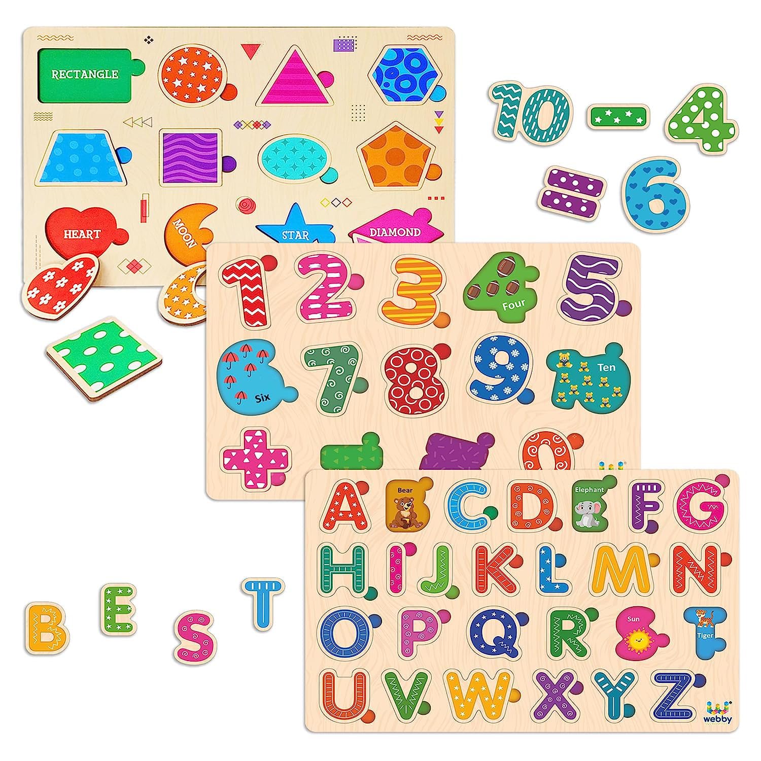Webby Wooden Educational Colorful Alphabets, Counting Numbers and Shapes Puzzle for Preschool Kids - Set of 3 (B0C7H3CJPV) Amazon Price History, Amazon Price Tracker