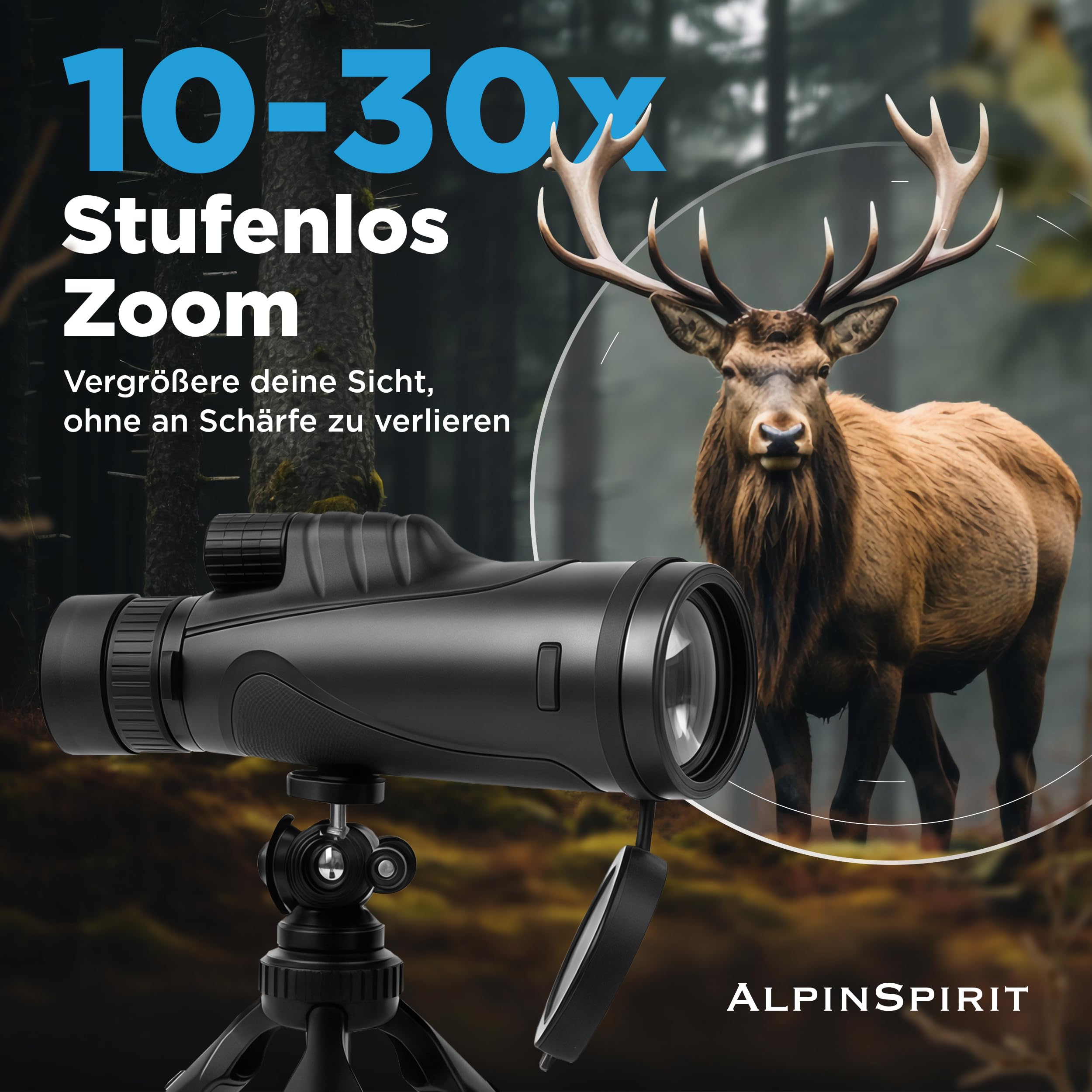 Zoom Monokular 10-30x50 mit Stativ & Handschlaufe [IPX4,FMC & BAK4],geeignet für Erwachsene,HD Weitsicht Fernrohr,Monocular, wasserabweisend,für Jagd,Wandern,mit Tasche schwarz