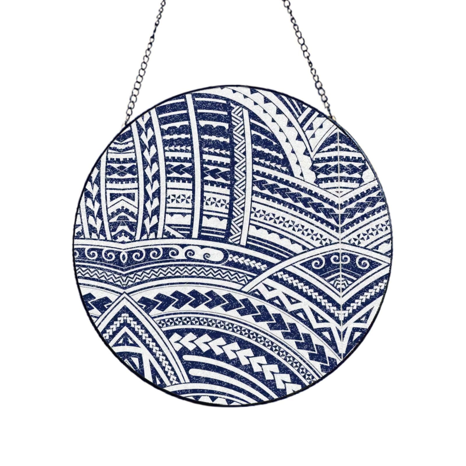 Phayah Blue Polynesian Maori Tribal Pattern Print Glass Window Hanging Sun Catchers Suncatcher Decor For Birthday For Home Garden Porch 12in（30cm）