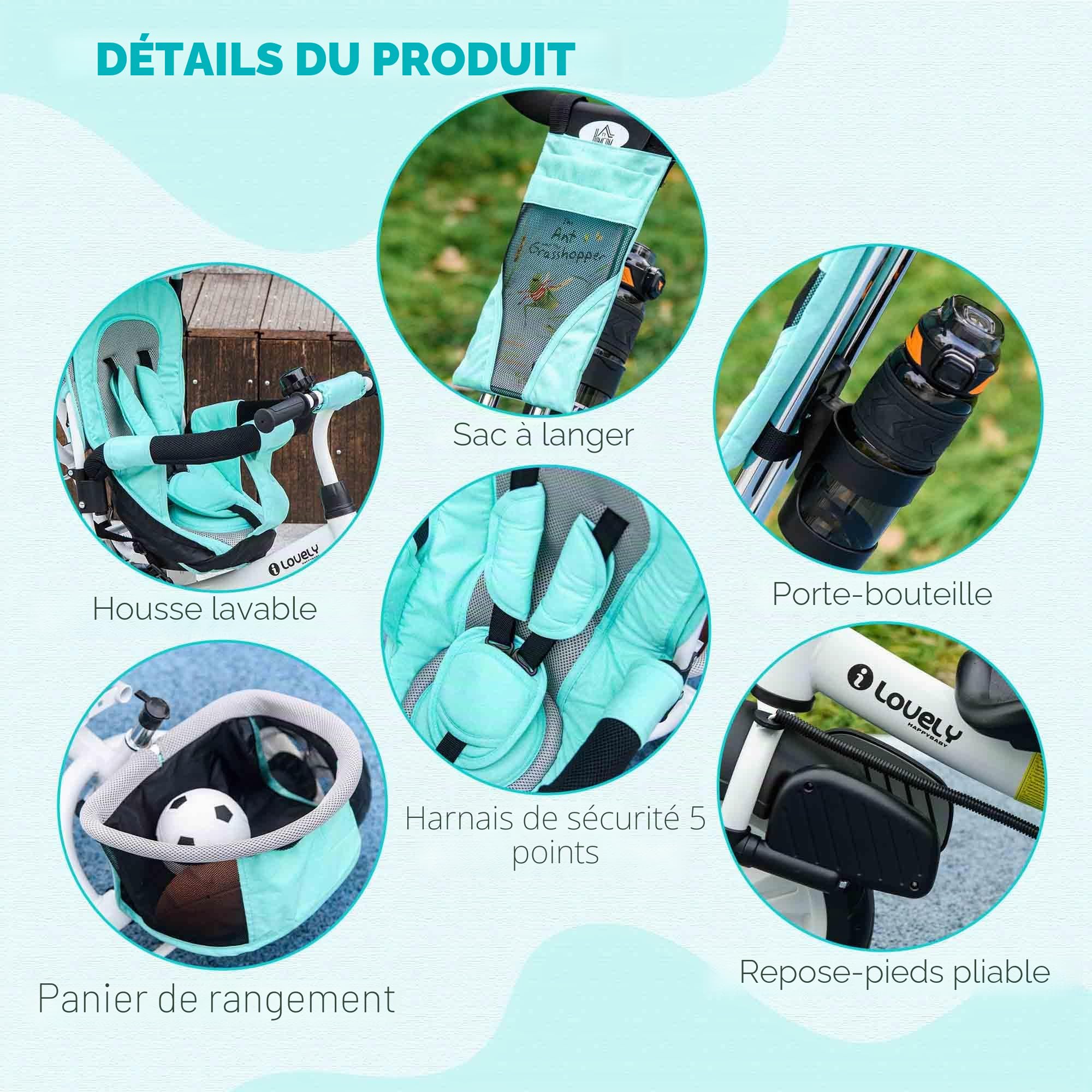 HOMCOM Tricycle 6 en 1 avec Barre de poussée, Tricycle pour Enfants avec Toit Solaire Amovible, Coussin, vélo d'exercice avec Ceinture de sécurité 5 Points, Panier, Porte-gobelet, pour Enfants de 1 à