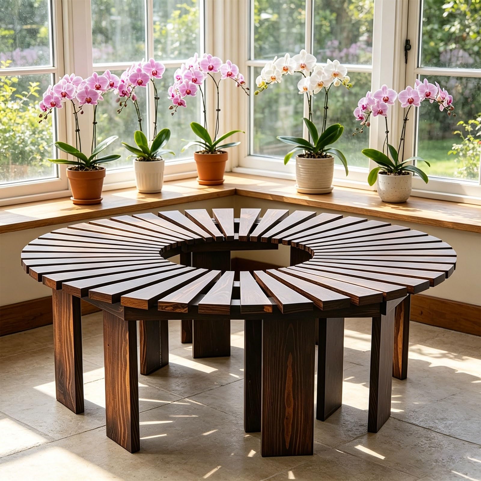Banco de madera maciza con asiento de listones para proteger árboles
