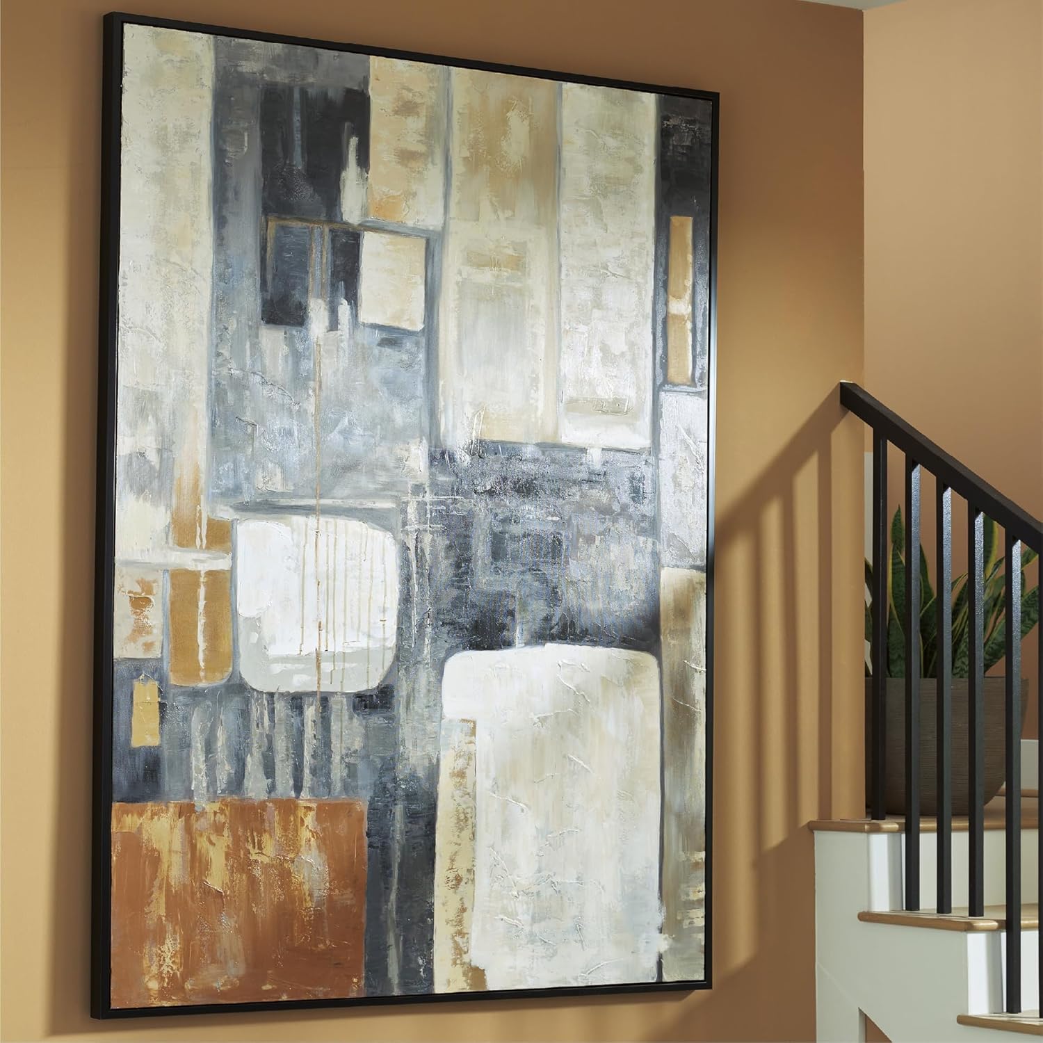 Signature Design by Ashley Howford Contemporary Rectangular Abstract Framed Hand-painted Wall Art 48 x 72 Inches, Black & Gray