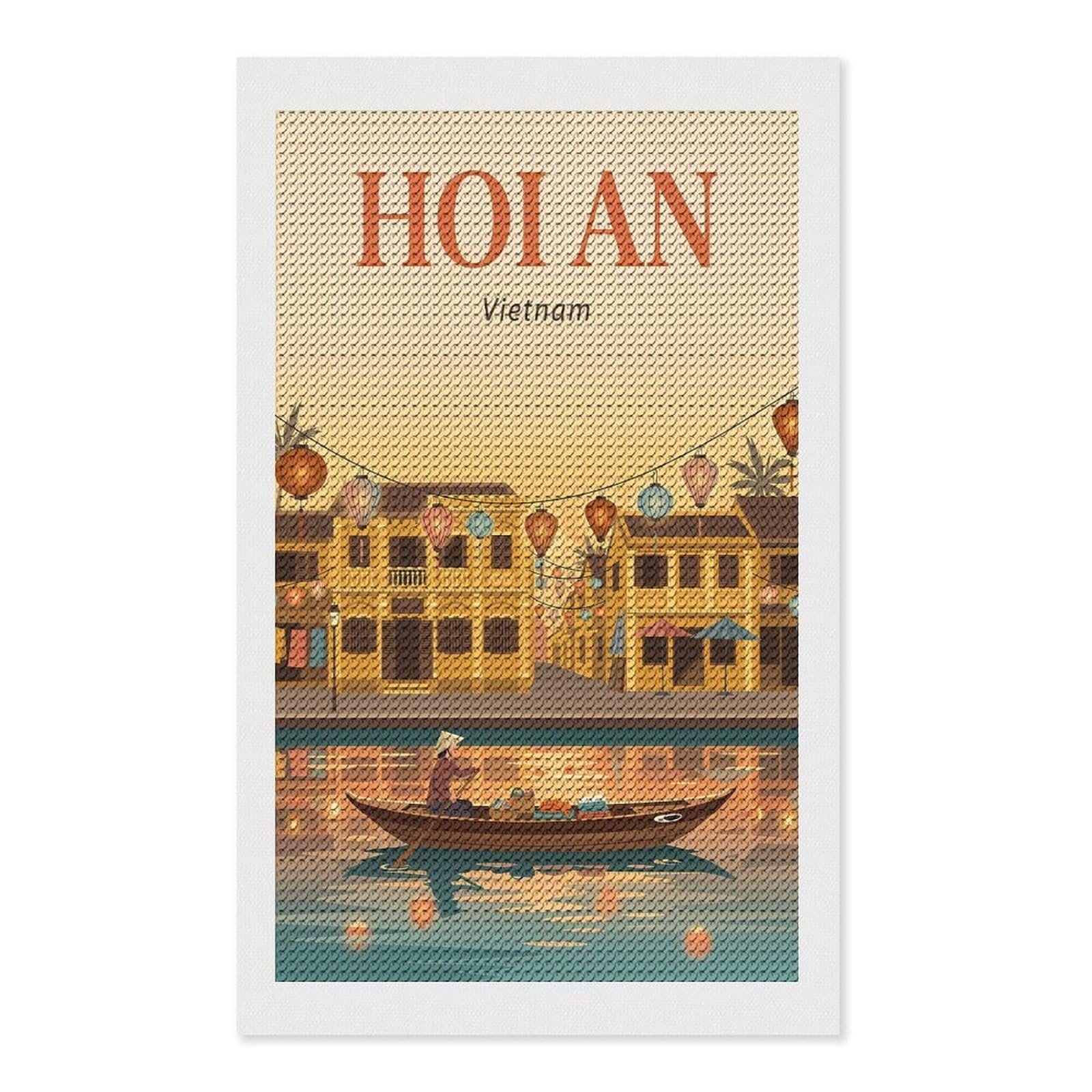 Junmoney Hoi an Vietnam DIY Diamond Art Canvas Kit 12"x20", for Teens, Finish and Display, Holiday Gift Idea, Vintage Style Decor