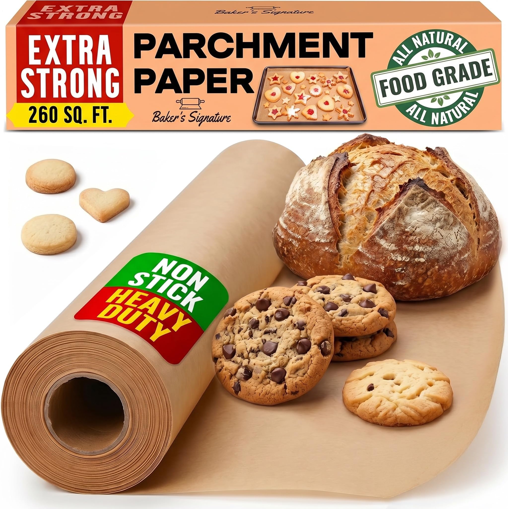 260 Sq.Ft Unbleached Parchment Paper for Baking โ Roll with Cutter, Heavy Duty Non-Stick Brown Parchment for Baking, Cooking, Grilling, Steaming and Air Fryer, 15in x 210ft by Bakerโs Signature