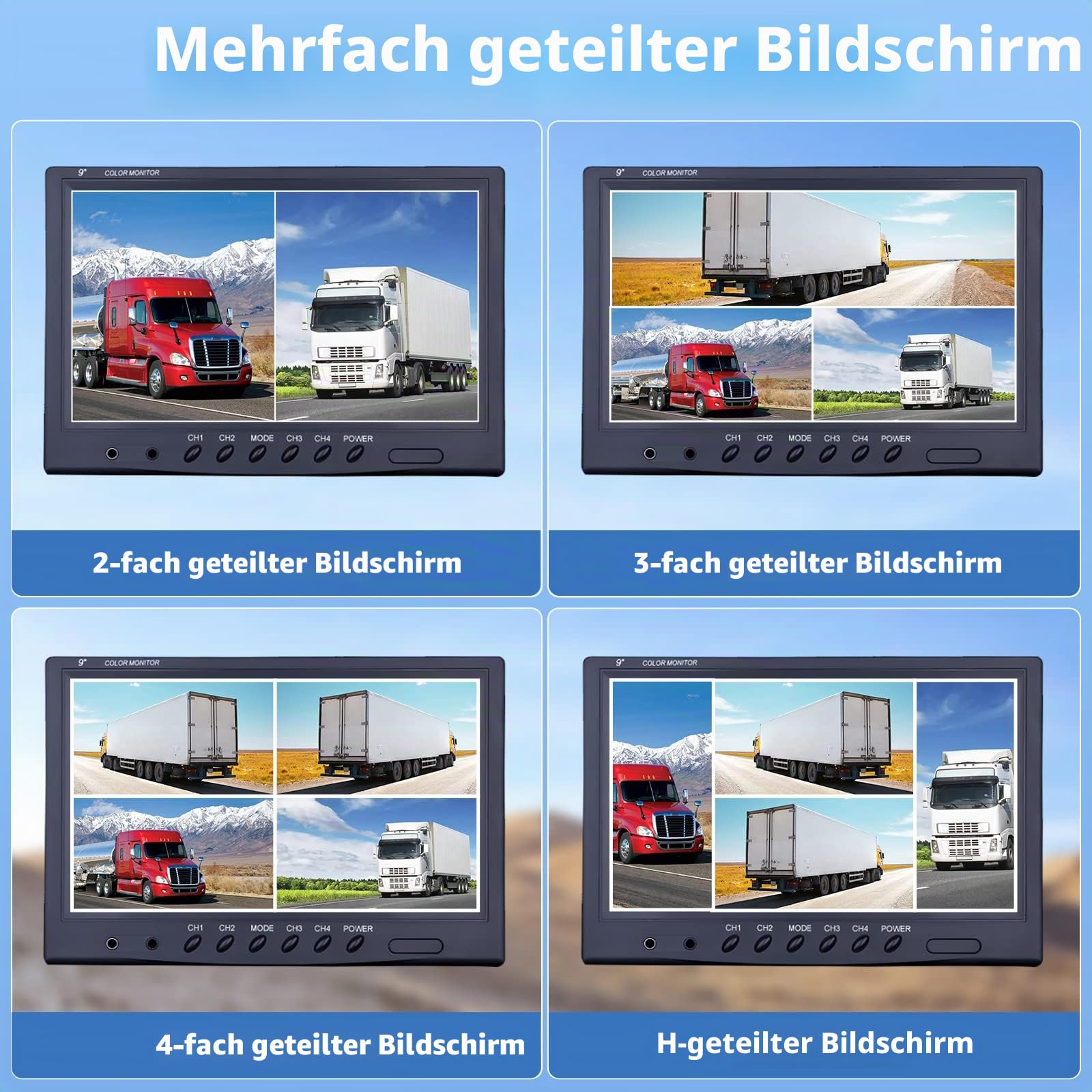 CAMECHO Rückfahrkamera 4 Kameras Set 9" Monitor IP68 wasserdicht 18IR Nachtsicht Weitwinkel 12V-35V für LKW Anhänger Bus Van