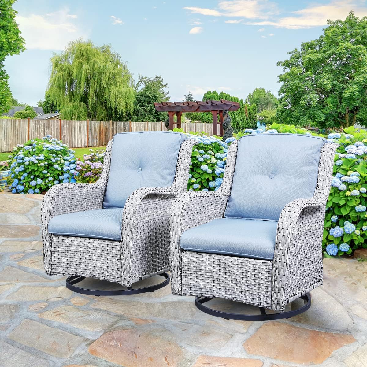 HUMMUH 5 Pieces Outdoor Furniture Patio Furniture Set Wicker Swivel Patio Chairs with 2 Seater Outdoor Sectional Sofa/Patio Loveseat with Ottomans(Light Grey/Light Blue)
