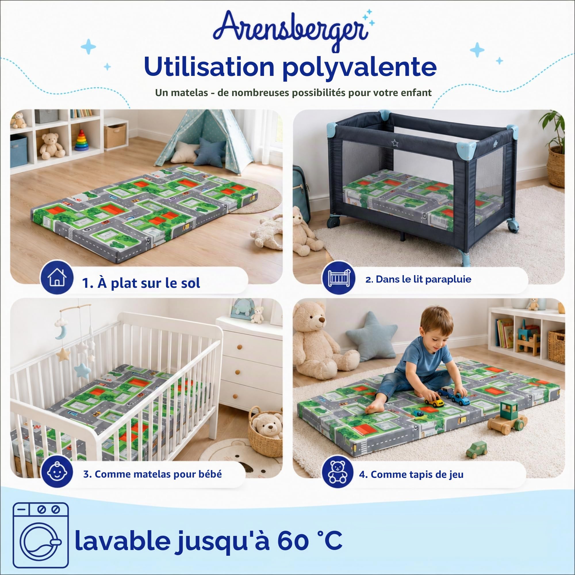 Arensberger Matelas de voyage pour enfant - 60 x 120 cm - 6 cm d'épaisseur - Matelas pliable pour bébé et enfant avec motif urbain - Mousse gel Nanocell avec housse amovible et sac de transport