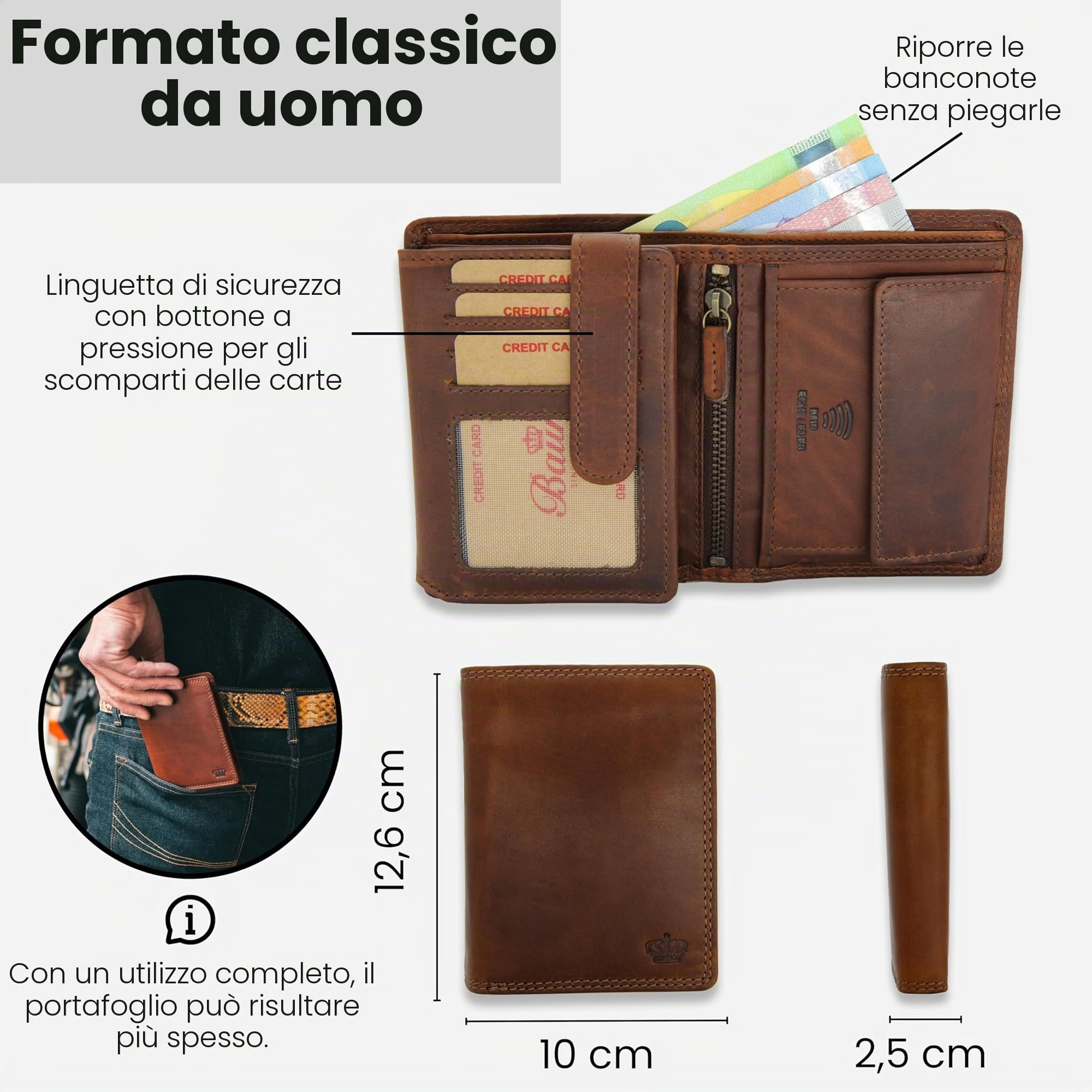 Baur portafoglio da uomo – vera pelle con protezione RFID – portafoglio grande verticale con 12 scomparti carte – ampio scomparto portamonete (Formato verticale con bottone interno, Marrone scuro)