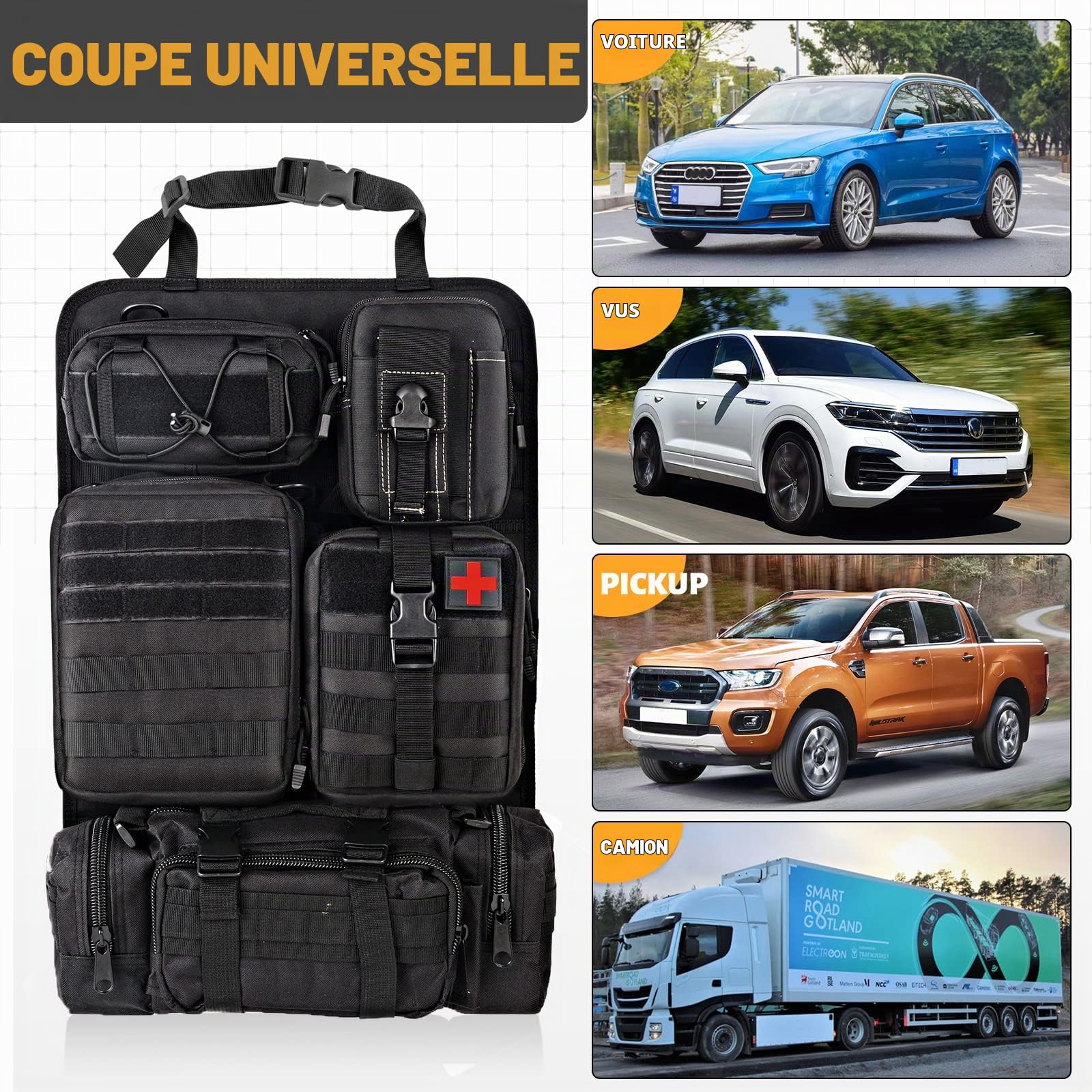 MAIKER Organiseur tactique universel pour dossier de siège de voiture avec 5 pochettes Molle amovibles, compatible avec la plupart des véhicules (noir)