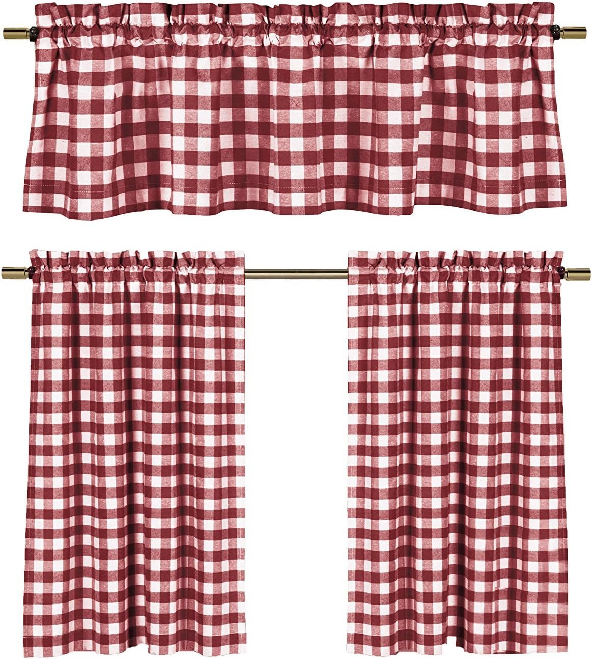 lovemyfabric Poly Cotton Gingham Checkered Plaid Design 3-Piece Kitchen Curtain Valance Window Treatment Set (Navy Blue)