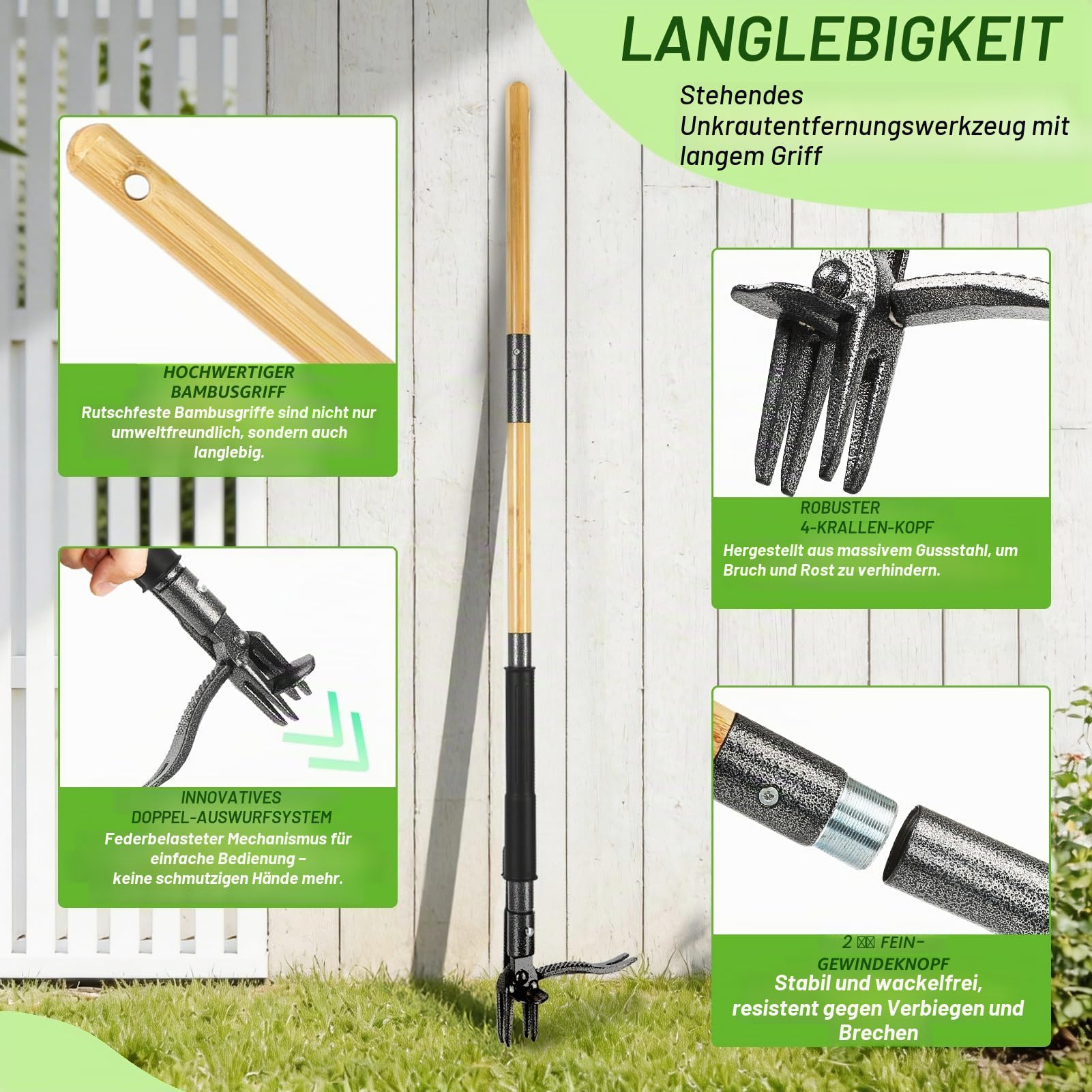 Unkrautstecher, Schweres Unkraut Entferner Gerät mit 4-Krallen-Stahlkopf & Dual-Auswurfmechanismus, 110,5 cm Bambus-Langstiel Löwenzahnstecher für Rasen und Hof, inklusive 16-Gallonen-Laubsack