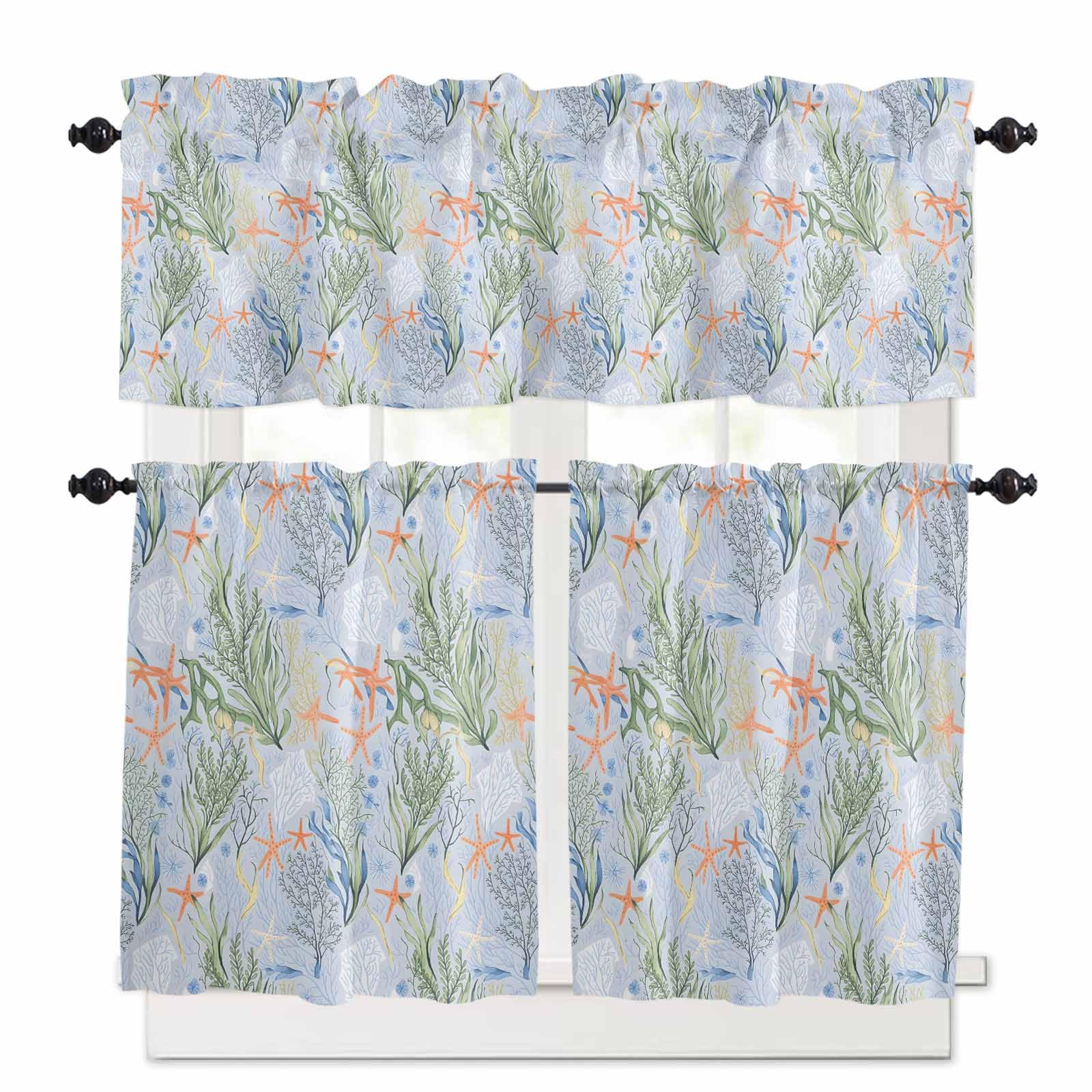Green Coral Kitchen Curtains 24 Inch Length, 3 Piece Rod Pocket Small Half Tiers and Valance Set, Starfish Blue Marine Coastal Small Large Window Treatment Decor for Bedroom/Bathroom Sink
