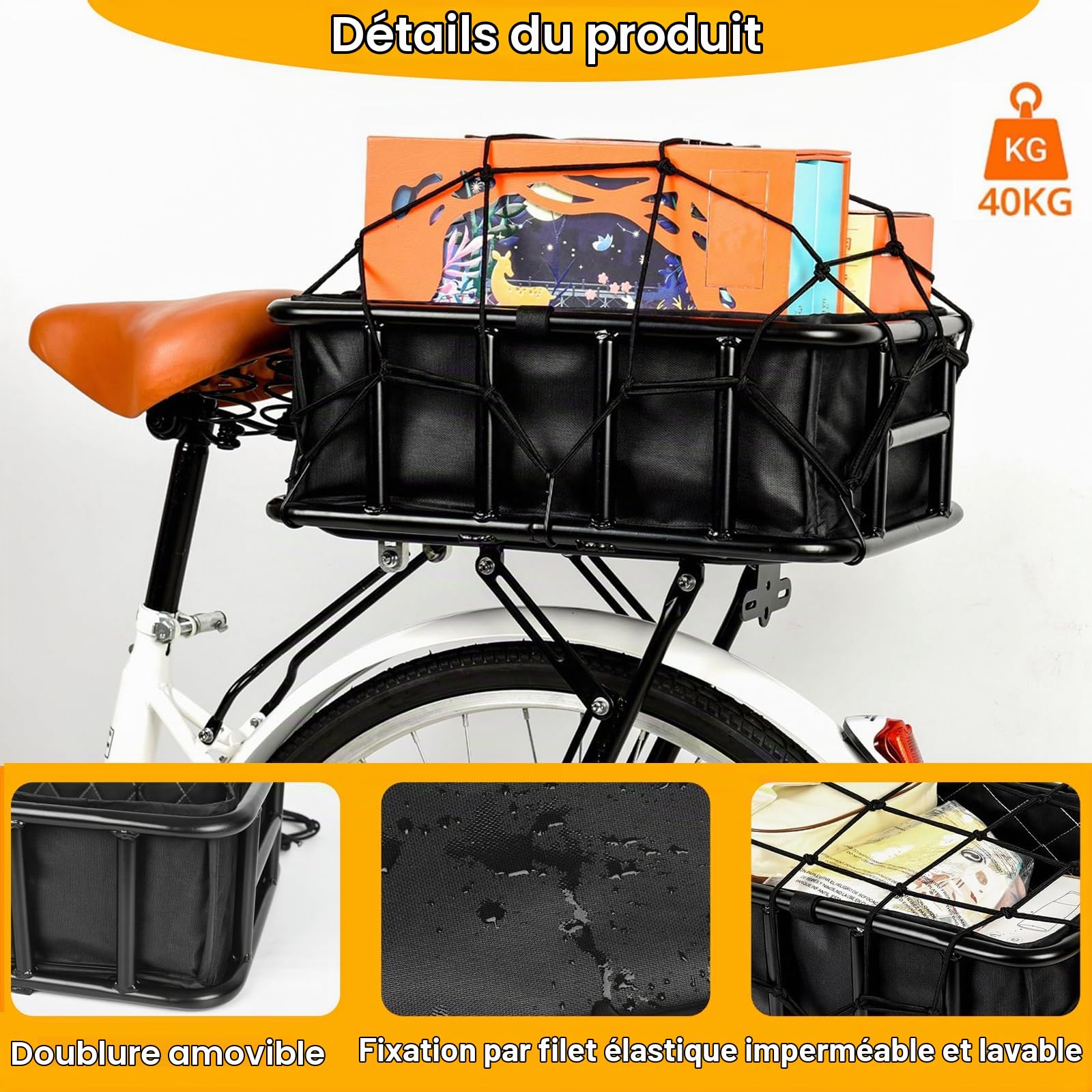 Grand Panier Velo Arriere, Panier Métallique pour Vélo Arrière, avec Filet De Chargement et Doublure, Compatible avec La Plupart des Vélos et Vélos électriques, Noir