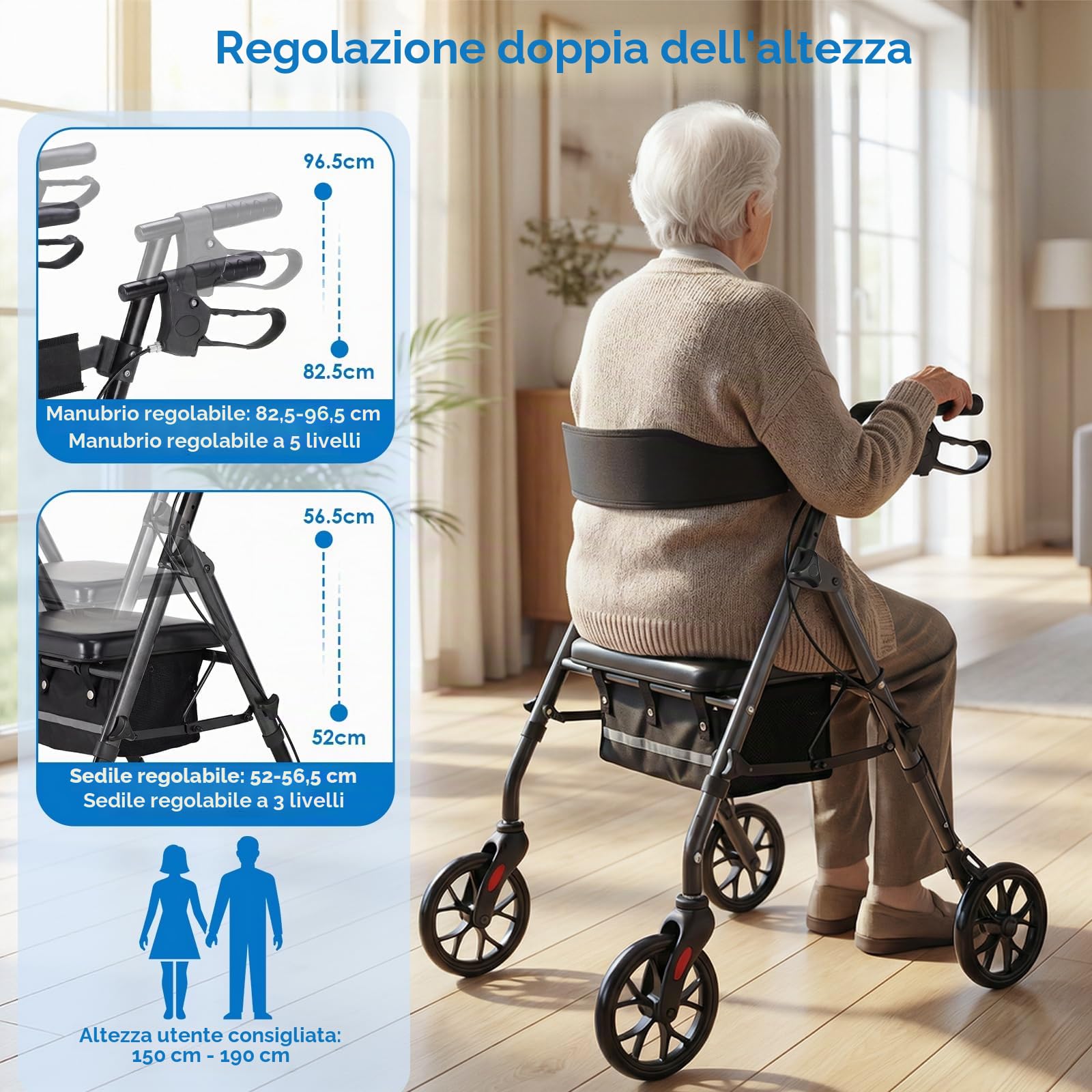 LIFERUN Deambulatore Pieghevole Deambulatori Leggeri Ausilio di Camminata | 4 Ruote per Anziani Sedile e Manico Regolabili in Altezza in 8 Posizioni Rollator con Spazio di Stoccaggio,Interno ed Esterno