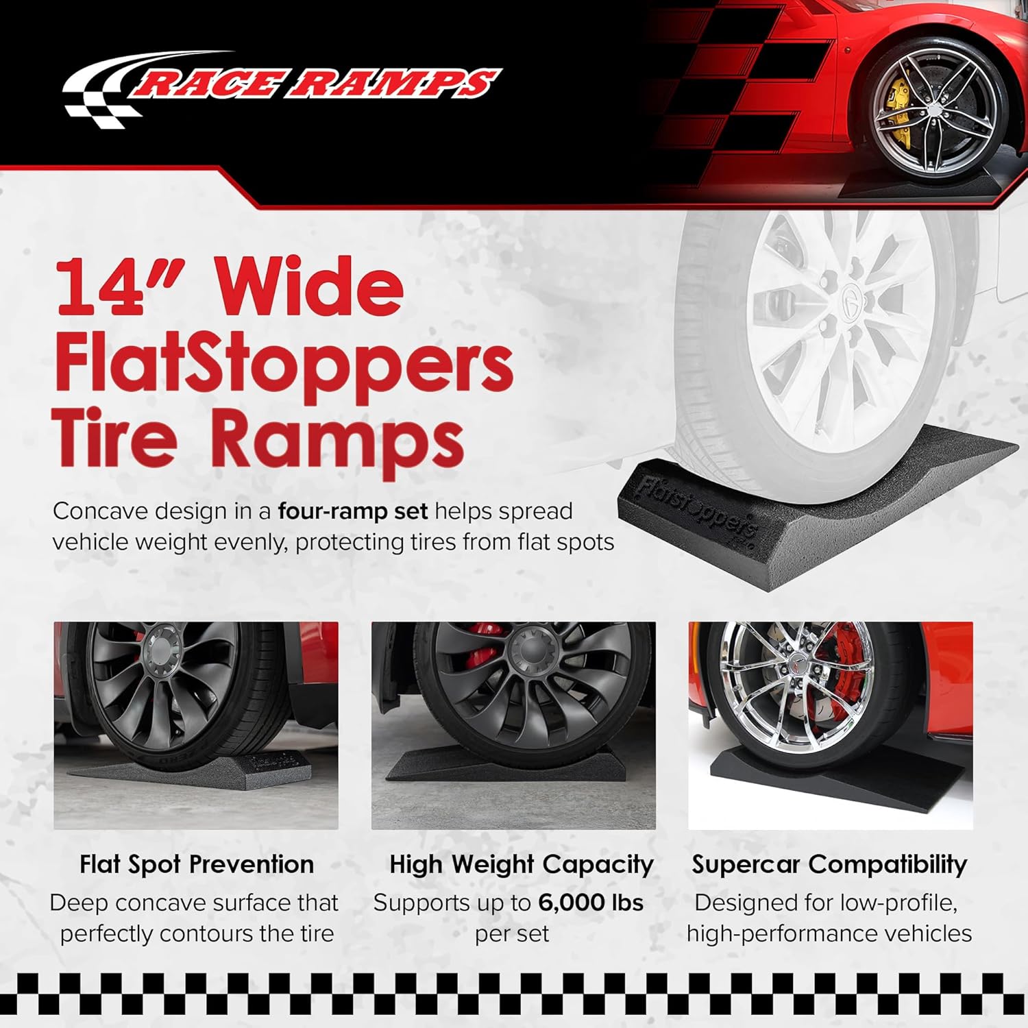Race Ramps 4-Pack FlatStoppers Car Wheel Ramp, Non-Skid Storage Pads & High-Density Foam, 14" - Portable Automotive Platform Riser for Oil Changes, Display, and Garage Use