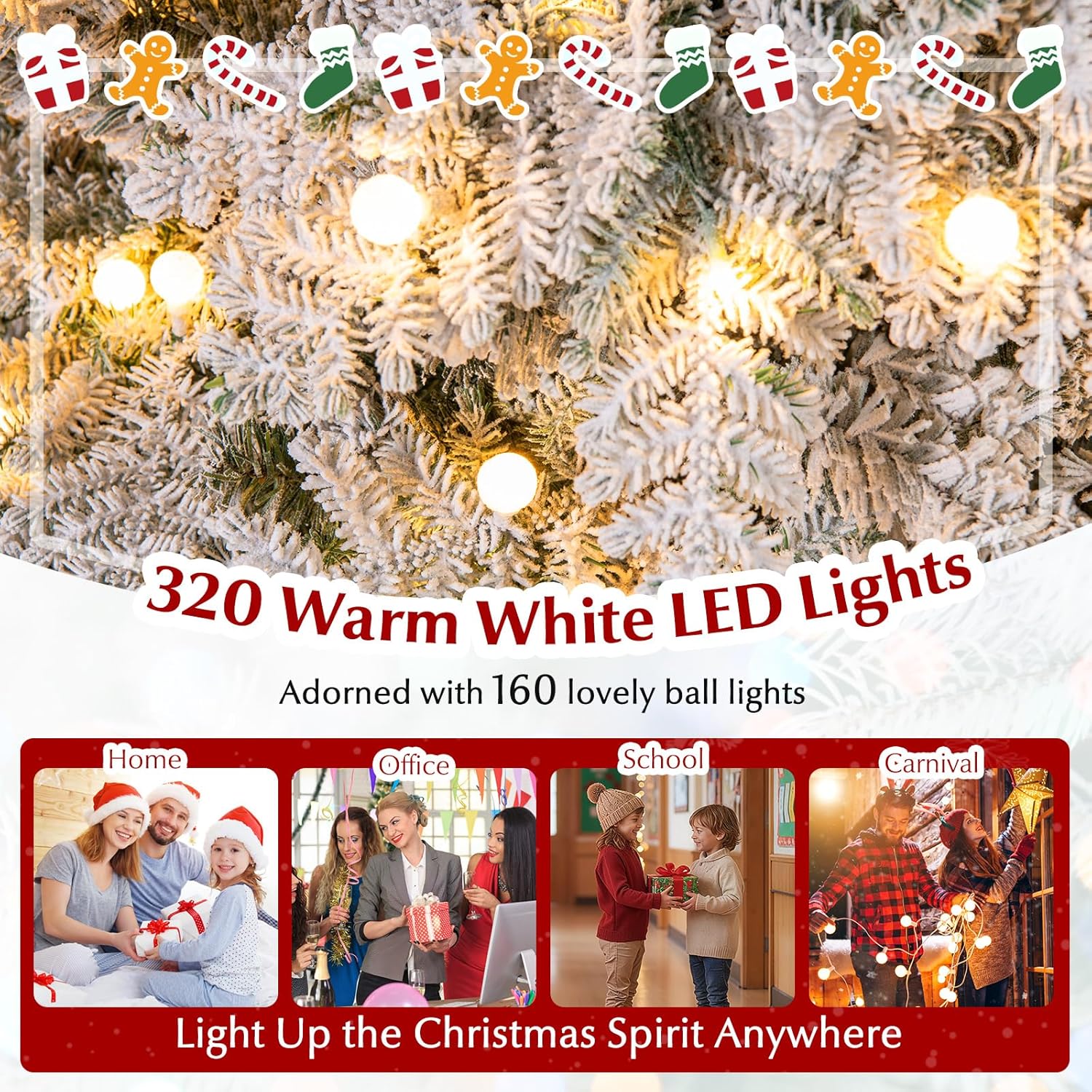 HAPPYGRILL 7 FT Artificial Christmas Tree, Hinged Xmas Tree with 806 Flocked Branch Tips, 320 Warm White LED Lights, 160 Ball Lights, 8 Lighting Modes & Folding Metal Stand