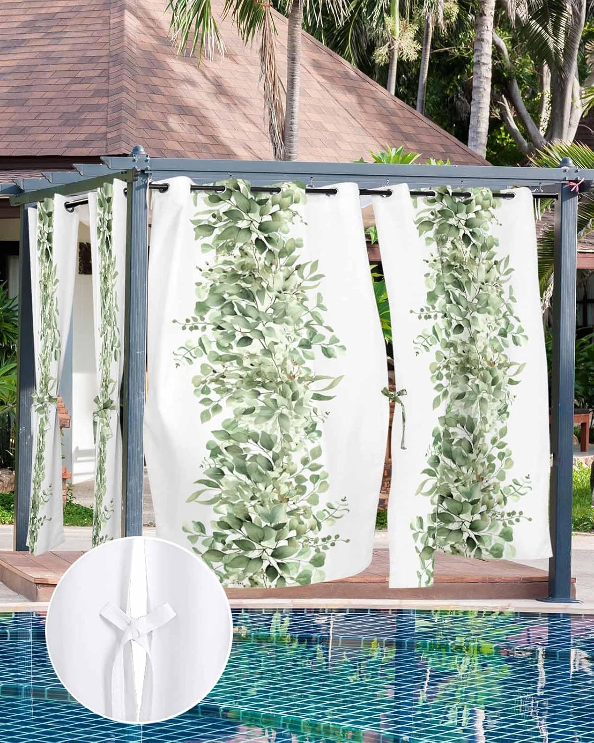Outdoor Curtains for Patio Waterproof, Spring Botanical Green Eucalyptus Leaves Windows Curtains Panels Light Filtering Outside Drapes for Living Room/Pergola/Garden/Balcony 52" W x 95" L x 2