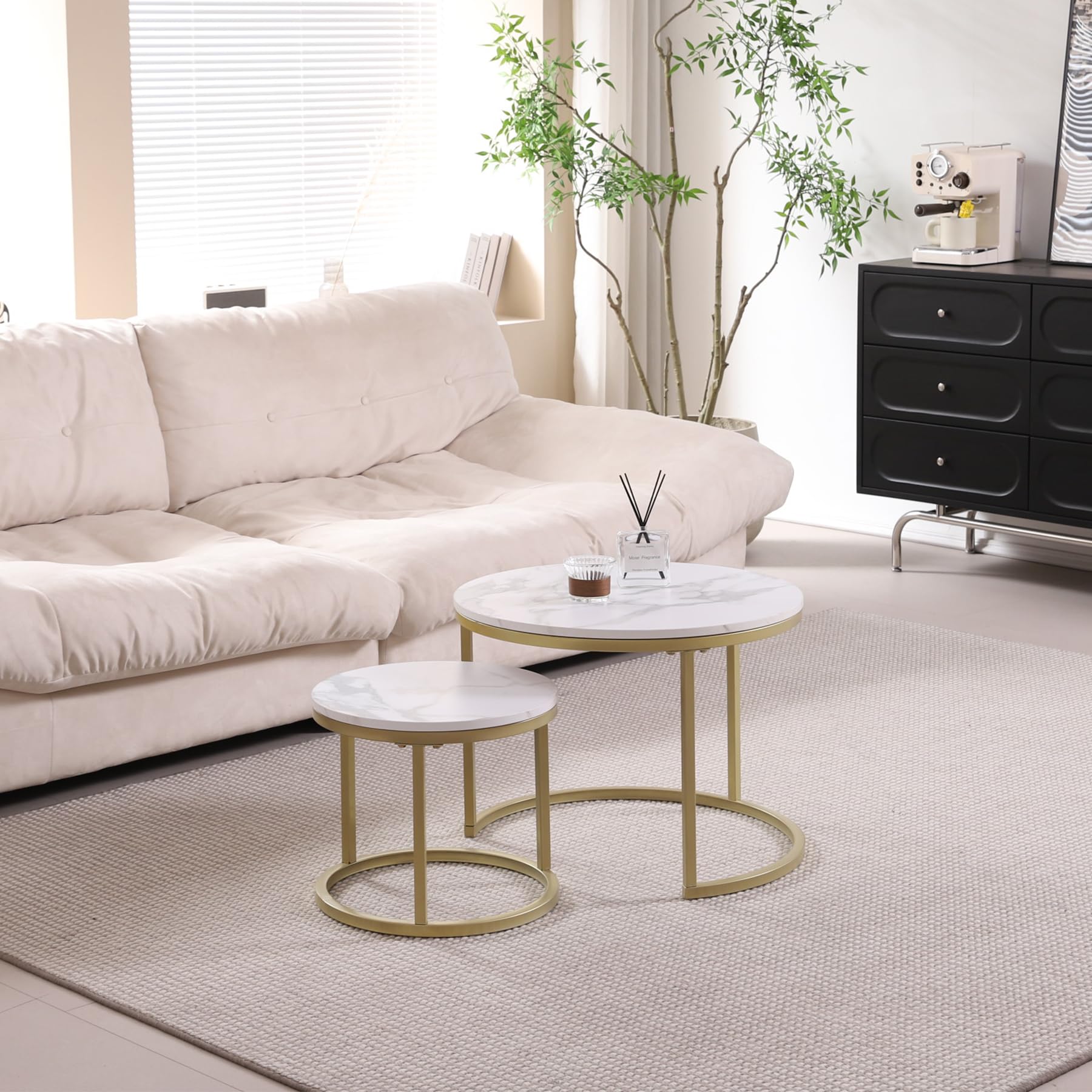 GrandCA HOME Tables Gigognes Ronde Lot de 2, avec Cadre en Métal Doré, Dessus Blanc Imitation Marbre, pour Salon, Chambre, Bureau, Appartement (Or) - 60x60/40x40cm