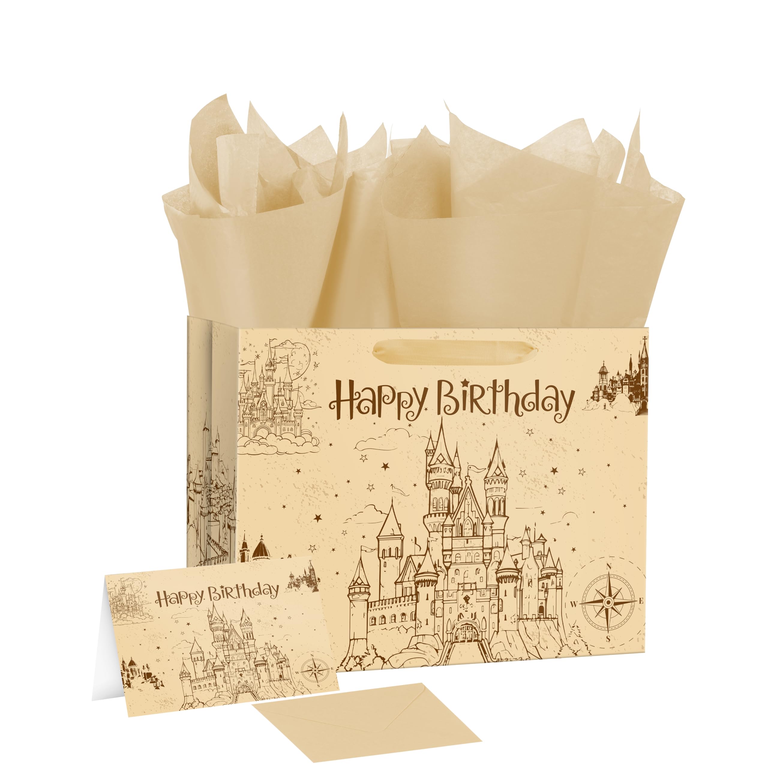 Ranfashiong 13" Brown Magic Wizard Gift Bag with Tissue Paper, Vintage Design Kraft Ancient Castle Princess Birthday Party Favor for Baby Shower, Girl, Boys Wrapping
