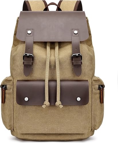 Retro Canvas & Leather Laptop Backpack, Unisex 16 Inch Computer Bag for Work Tra
