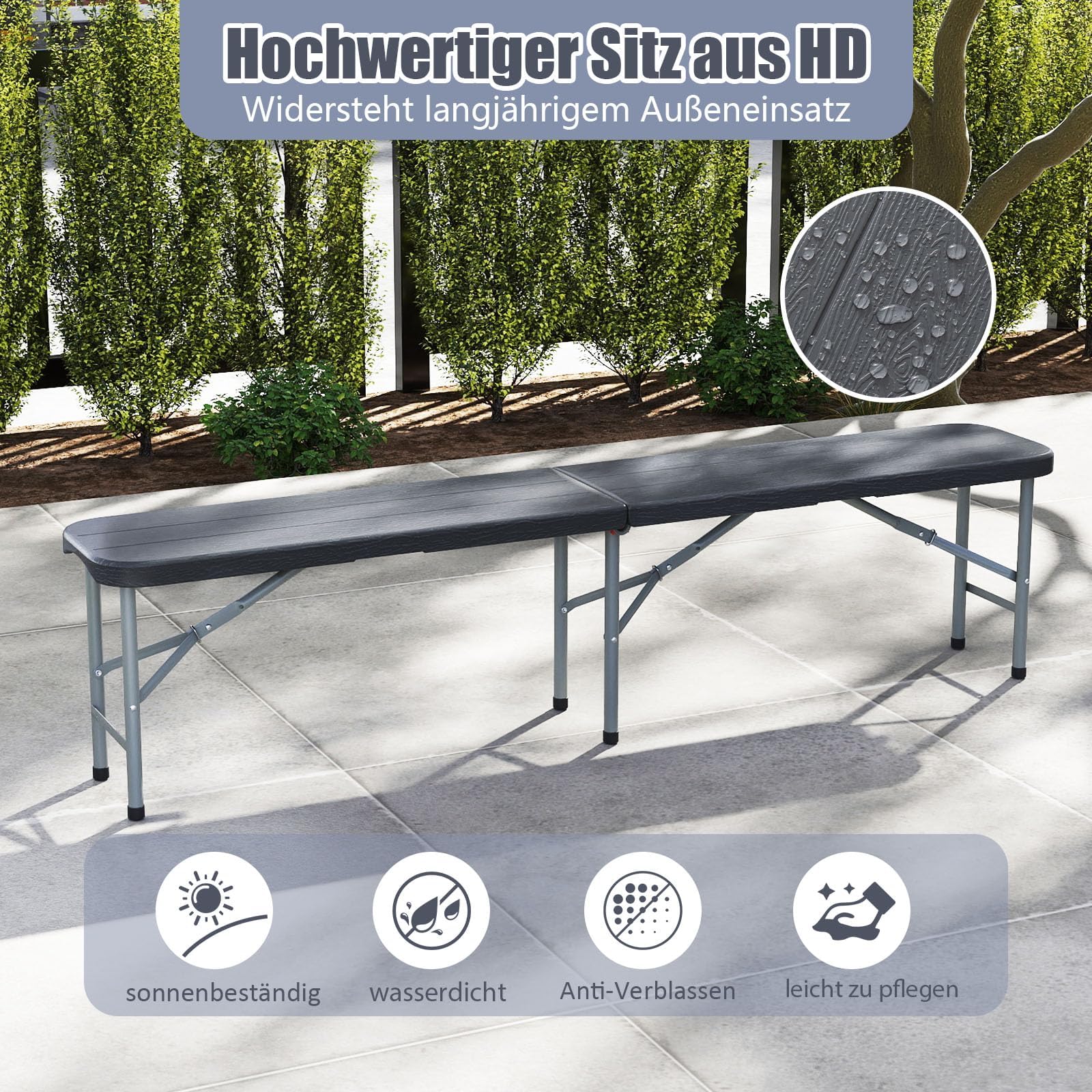 FANTASK Sitzbank aus Kunststoff, Klappbank bis 600 kg belastbar, Bierbank klappbar mit Tragegriff, 180x30x43 cm, Grau