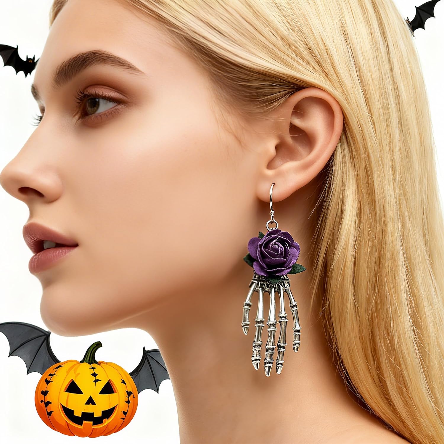 Vintage Gothic Skeleton Rose Drop Dangle Earring - Punk Skull Hand Earrings - Halloween Party Costume Accessories - Jewelry for Women - Image 3