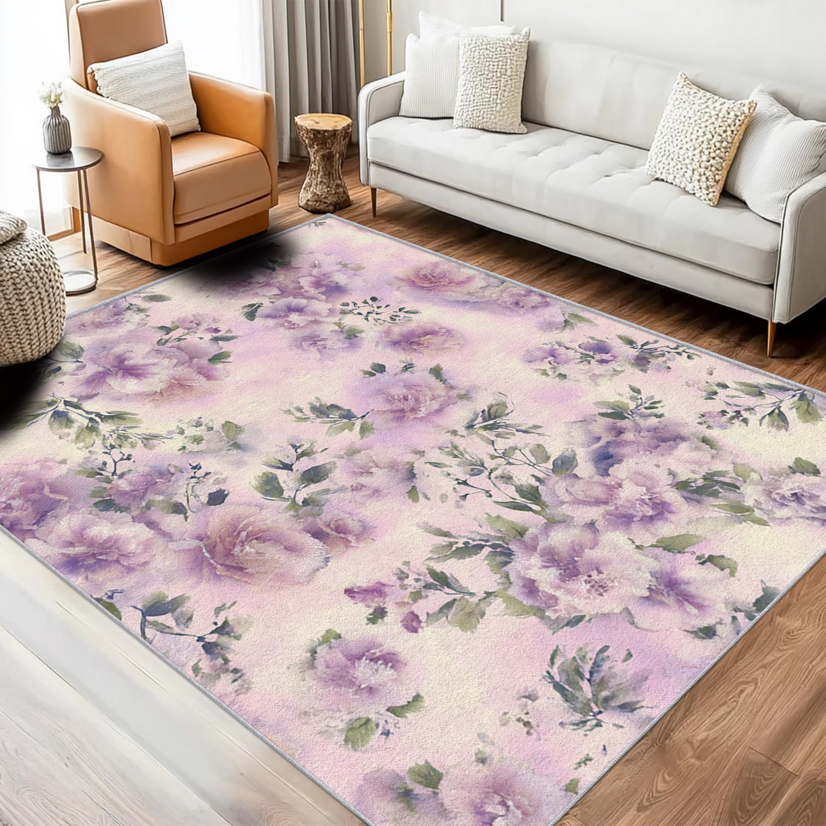 Tapis à fleurs violettes lavable fini les tapis qui glissent dans le salon