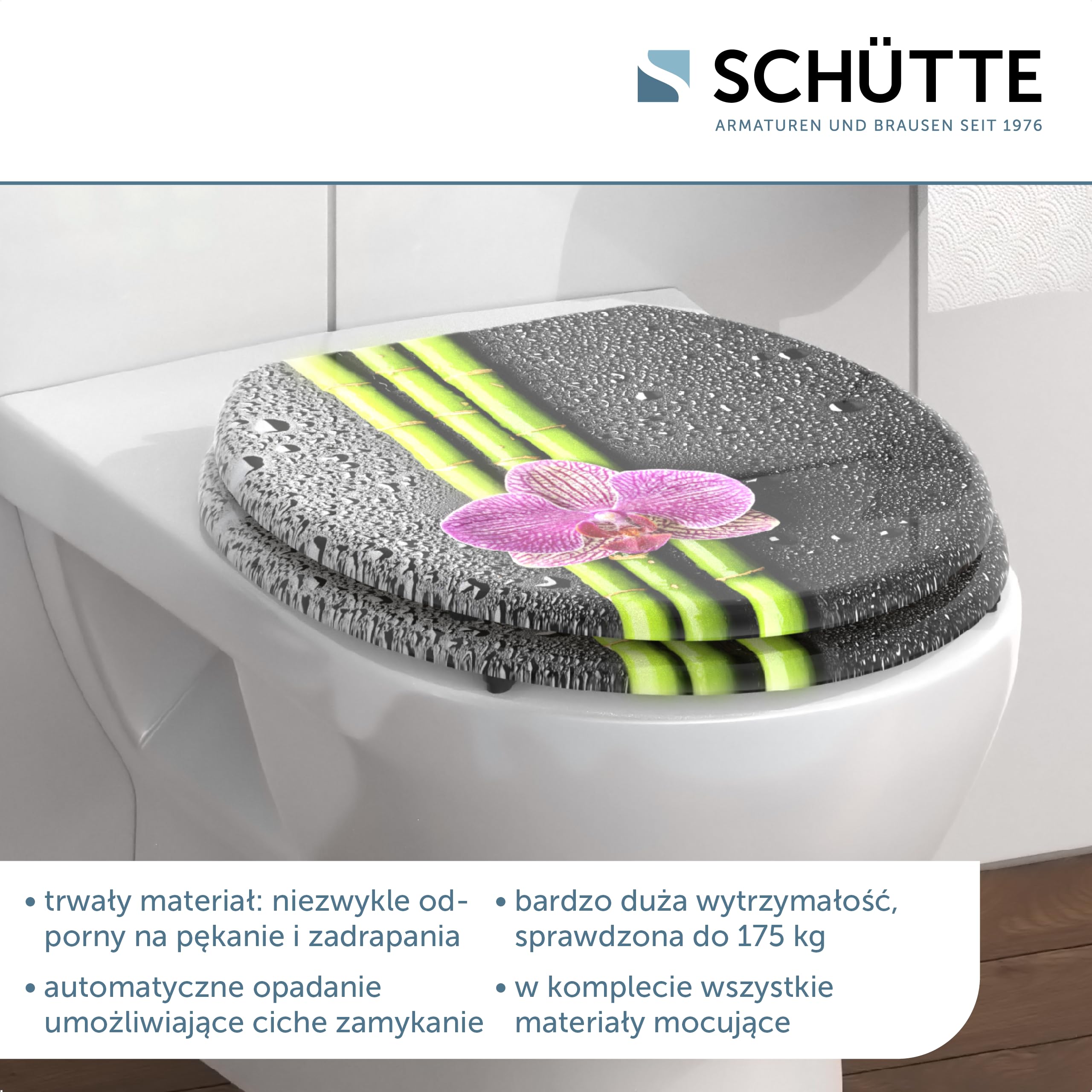SCHÜTTE deska sedesowa drewniana ASIA, deska sedesowa z mechanizmem cichego domykania, pasuje do wielu standardowych misek WC, maks. obciążenie deski 150 kg, motyw orchidei 80121